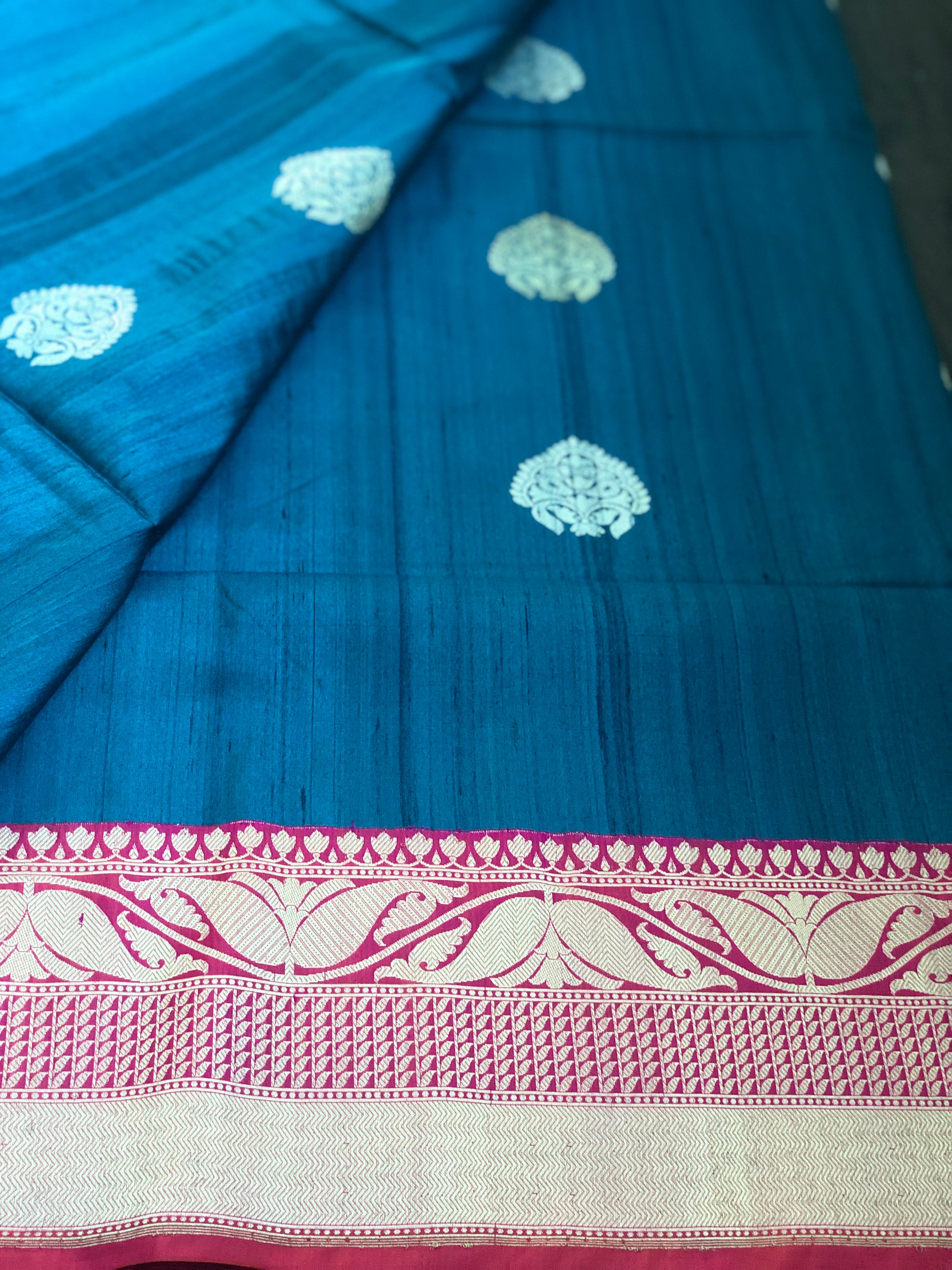 Exclusive Pure Tussar Silk Benarasi - Teal and Pink