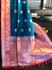 Exclusive Pure Tussar Silk Benarasi - Teal and Pink