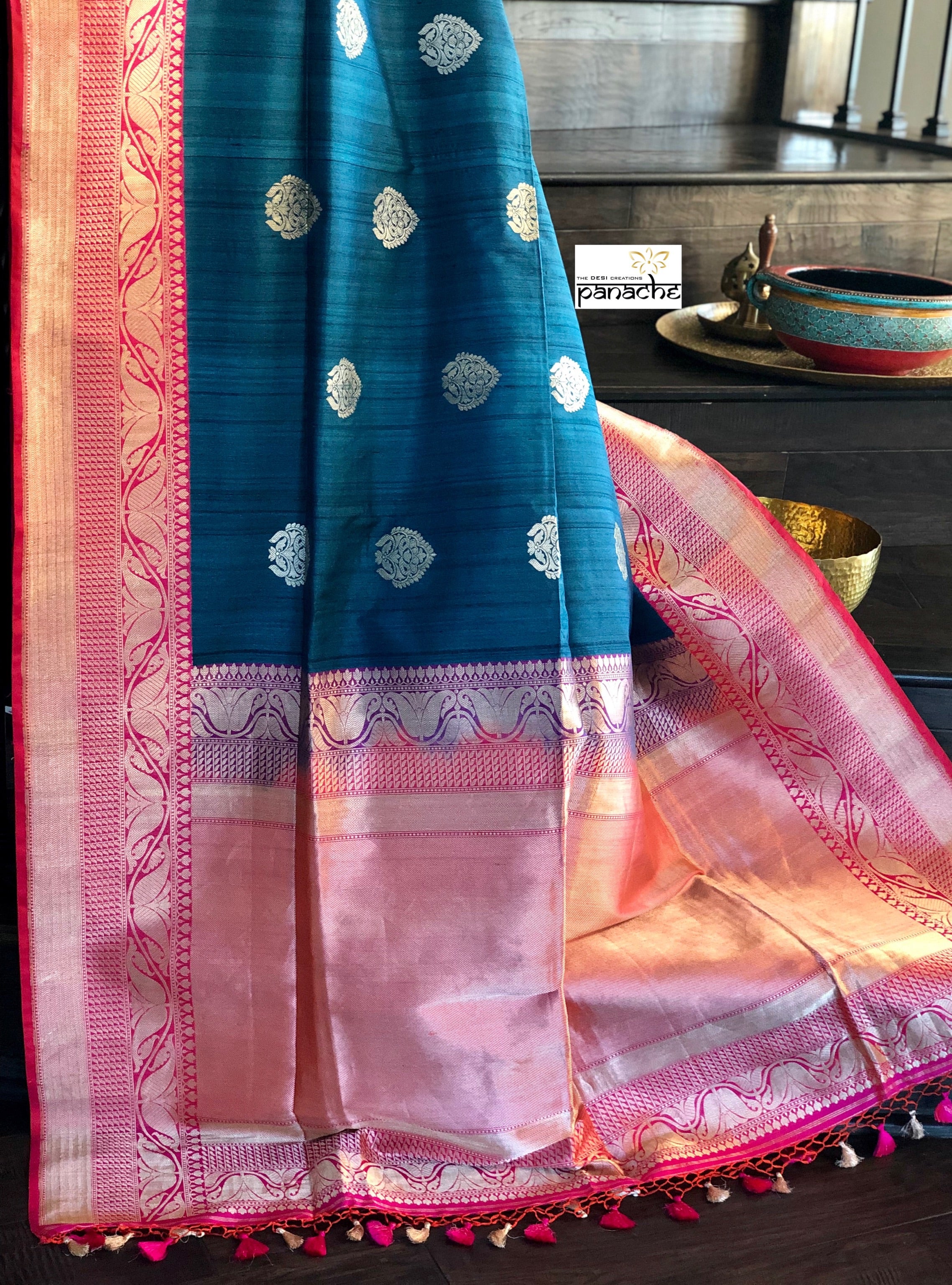 Exclusive Pure Tussar Silk Benarasi - Teal and Pink