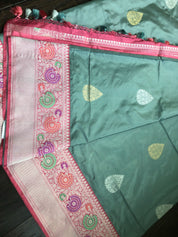 Pure Katan Silk Benarasi - Grey Golden Silver Zari