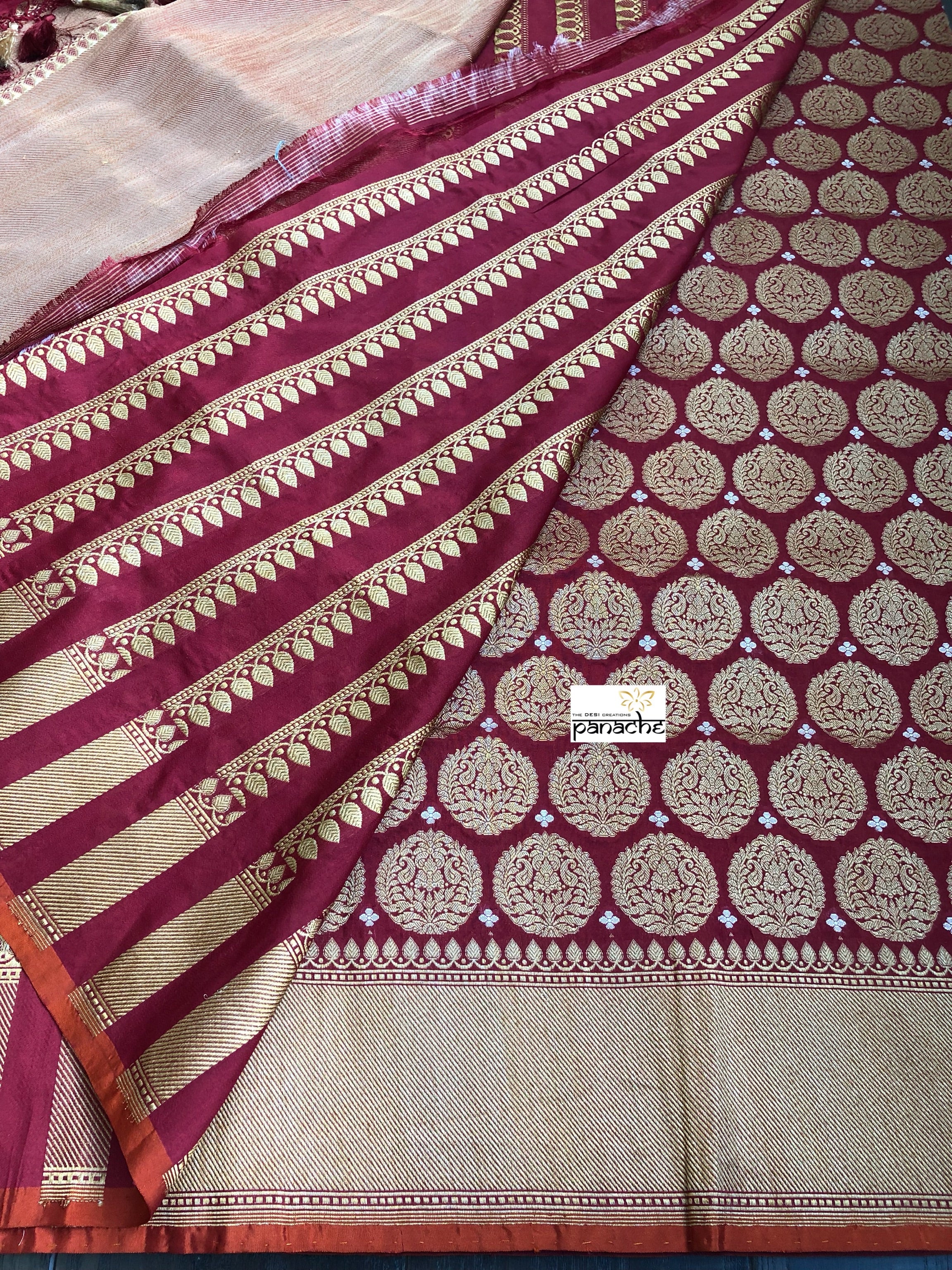 Pure Katan Silk Banarasi - Wine Red Antique Golden Zari