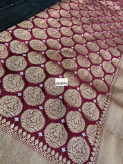 Pure Katan Silk Banarasi - Wine Red Antique Golden Zari