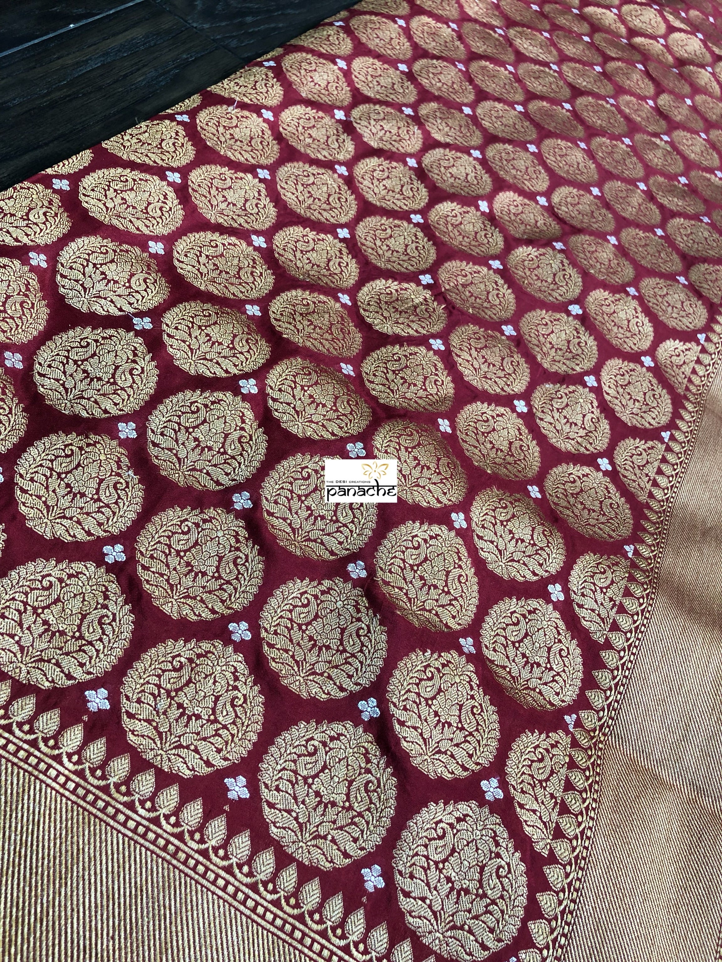 Pure Katan Silk Banarasi - Wine Red Antique Golden Zari