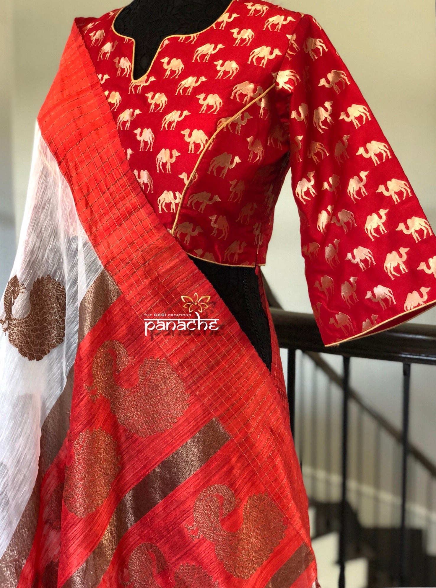 Designer Blouse - Red Camel Zari Woven
