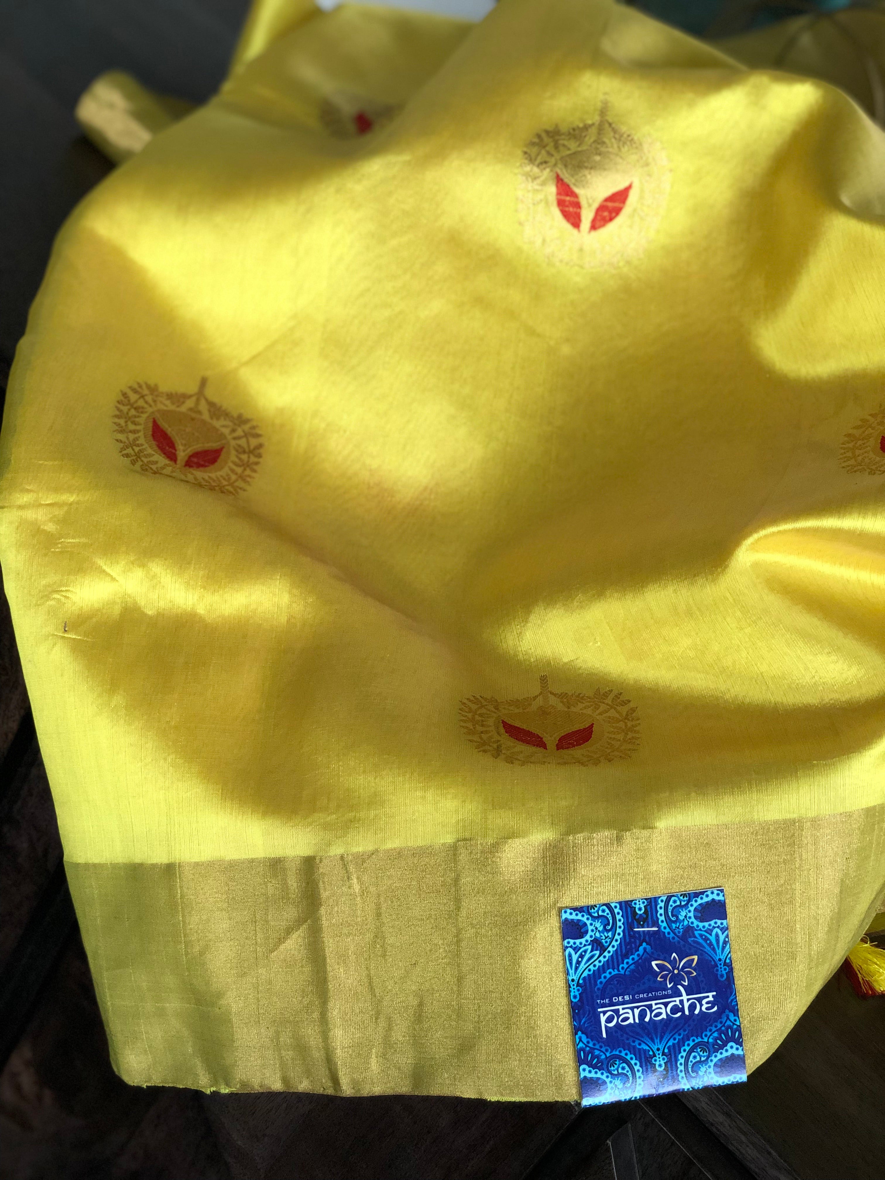 Pure Chanderi Silk - Yellow Red Eknaliya Woven