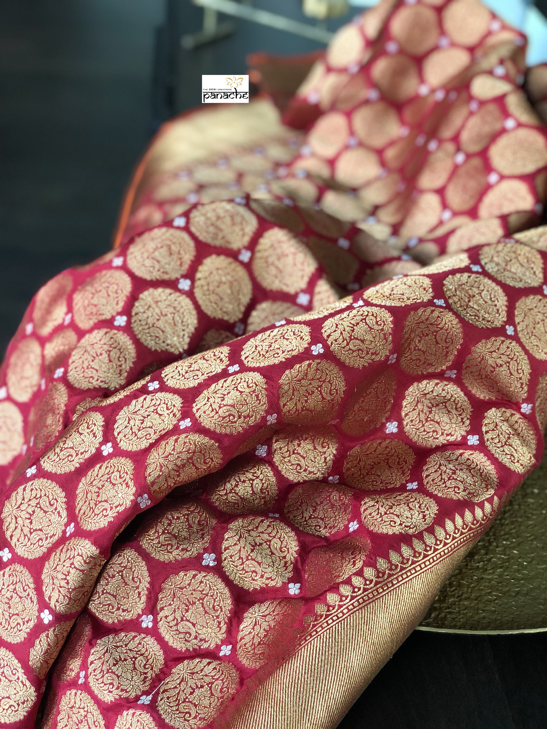 Pure Katan Silk Banarasi - Wine Red Antique Golden Zari