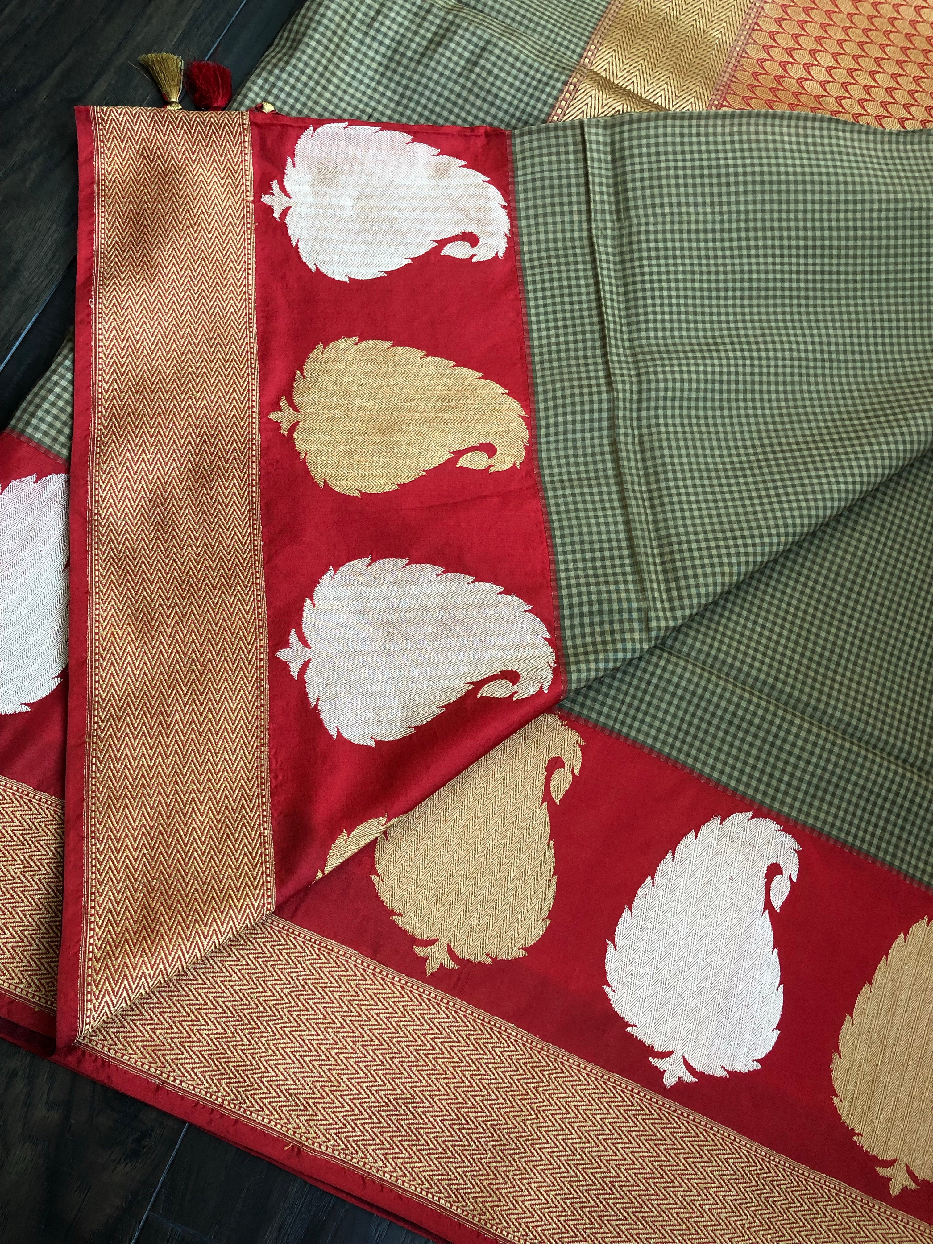 Pure Silk Katan Banarasi - Sage Green Grey Checks Kadwa Paisley