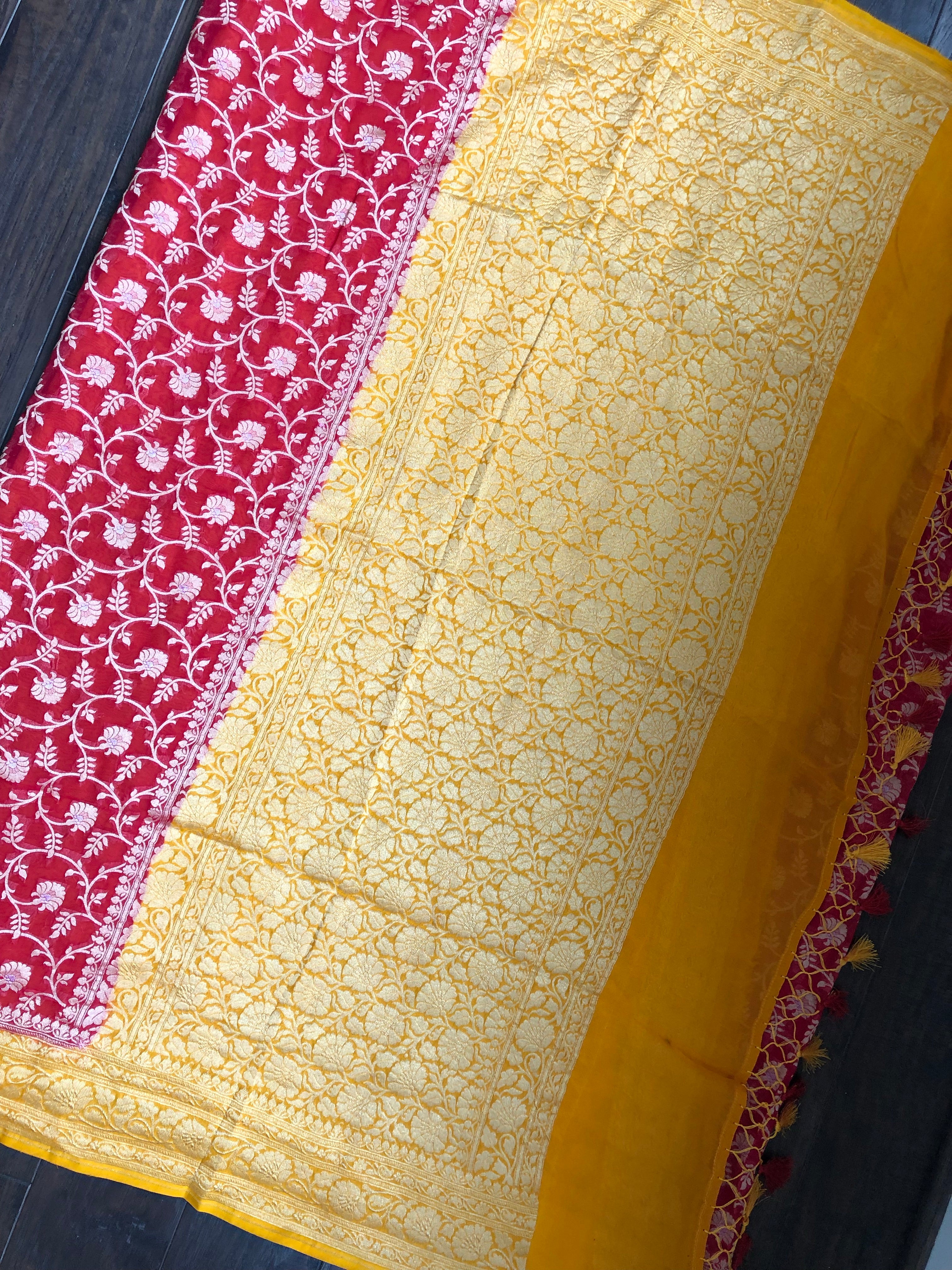 Khaddi Georgette Banarasi - Red Yellow Silver Zari meena