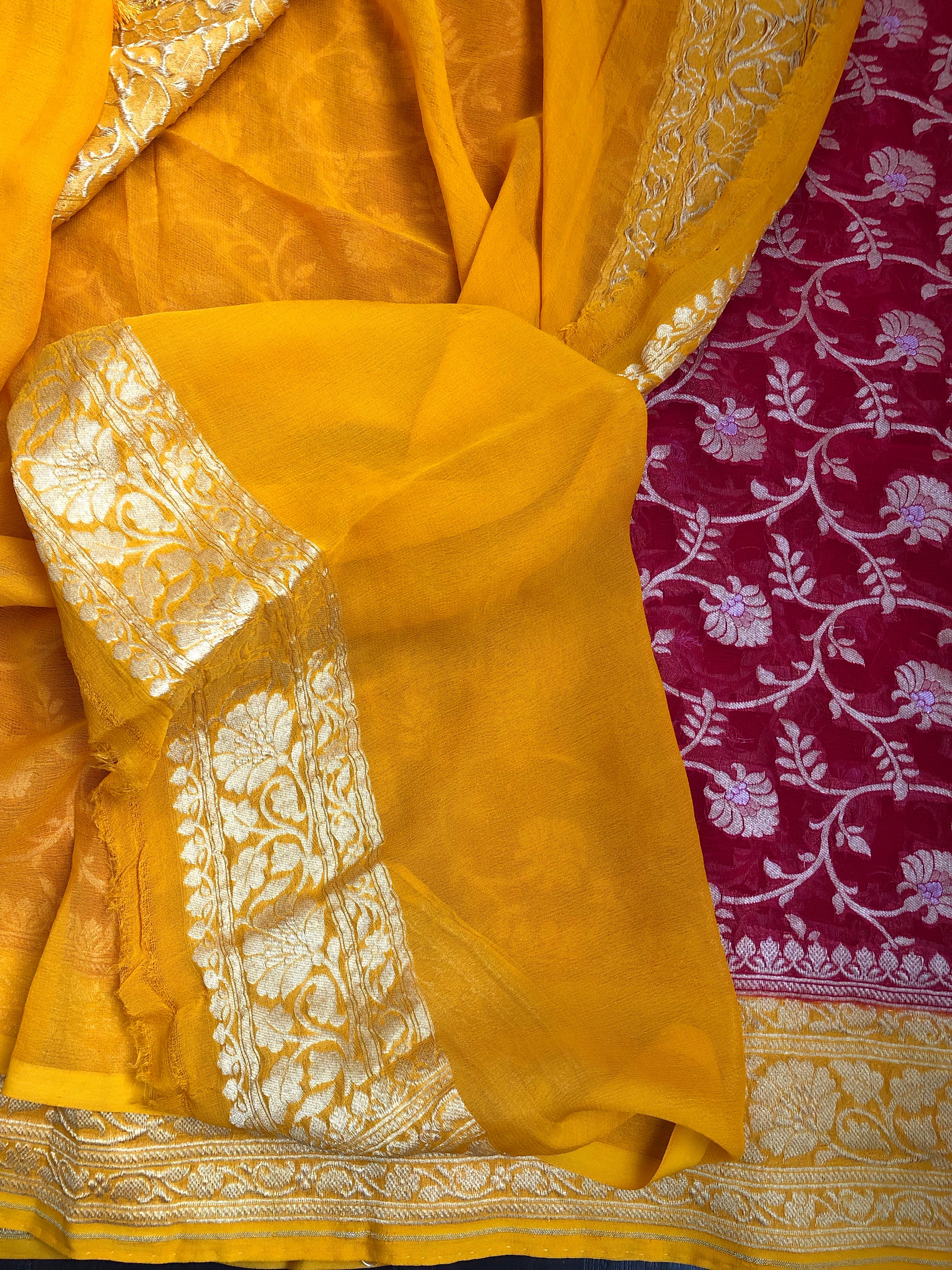 Khaddi Georgette Banarasi - Red Yellow Silver Zari meena