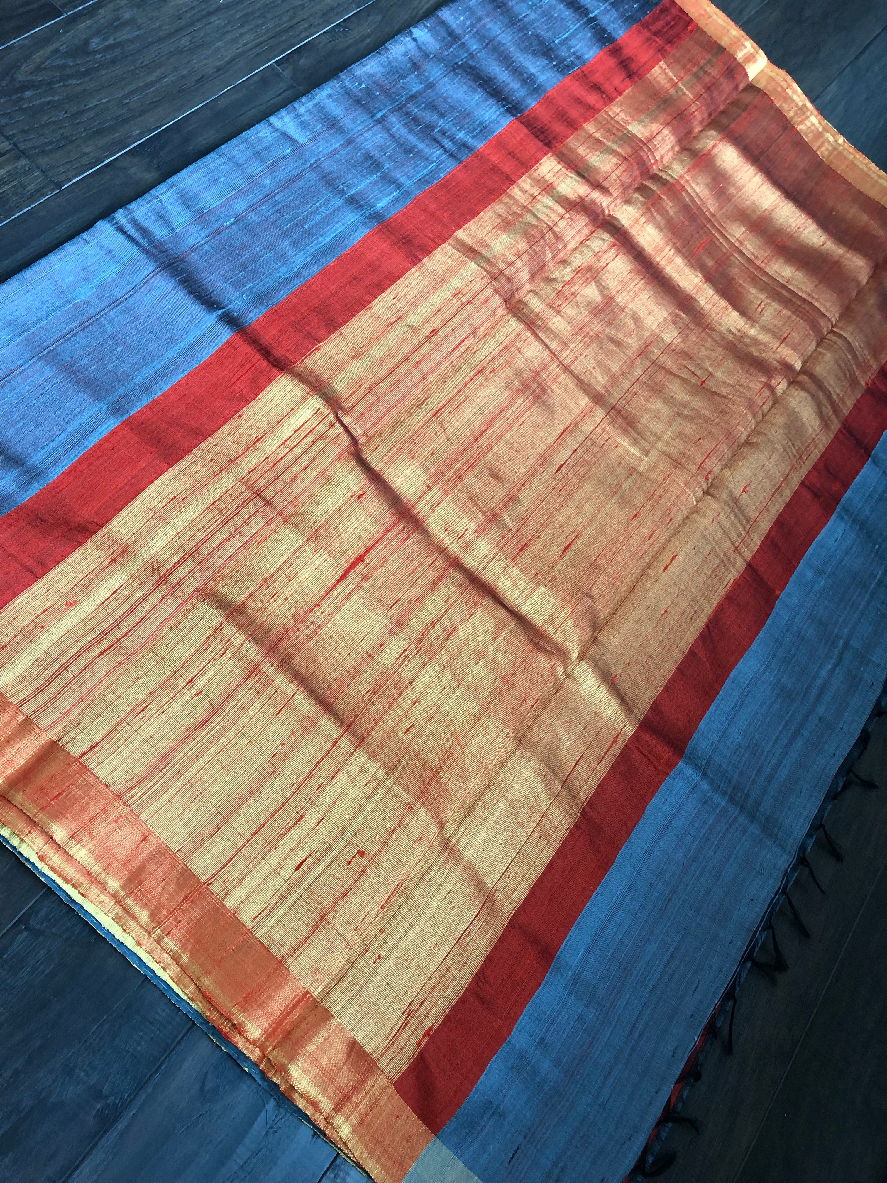 Pure Raw Silk -  Grey Body Red Pallu