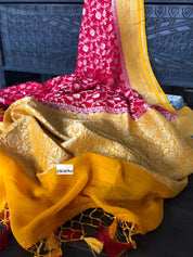 Khaddi Georgette Banarasi - Red Yellow Silver Zari meena