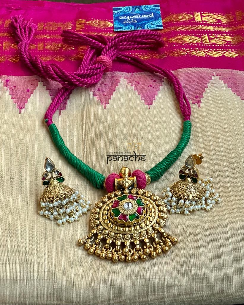 Silver 92.5 Tassel Necklace - Gold Tone Kundan Fusion Pendant
