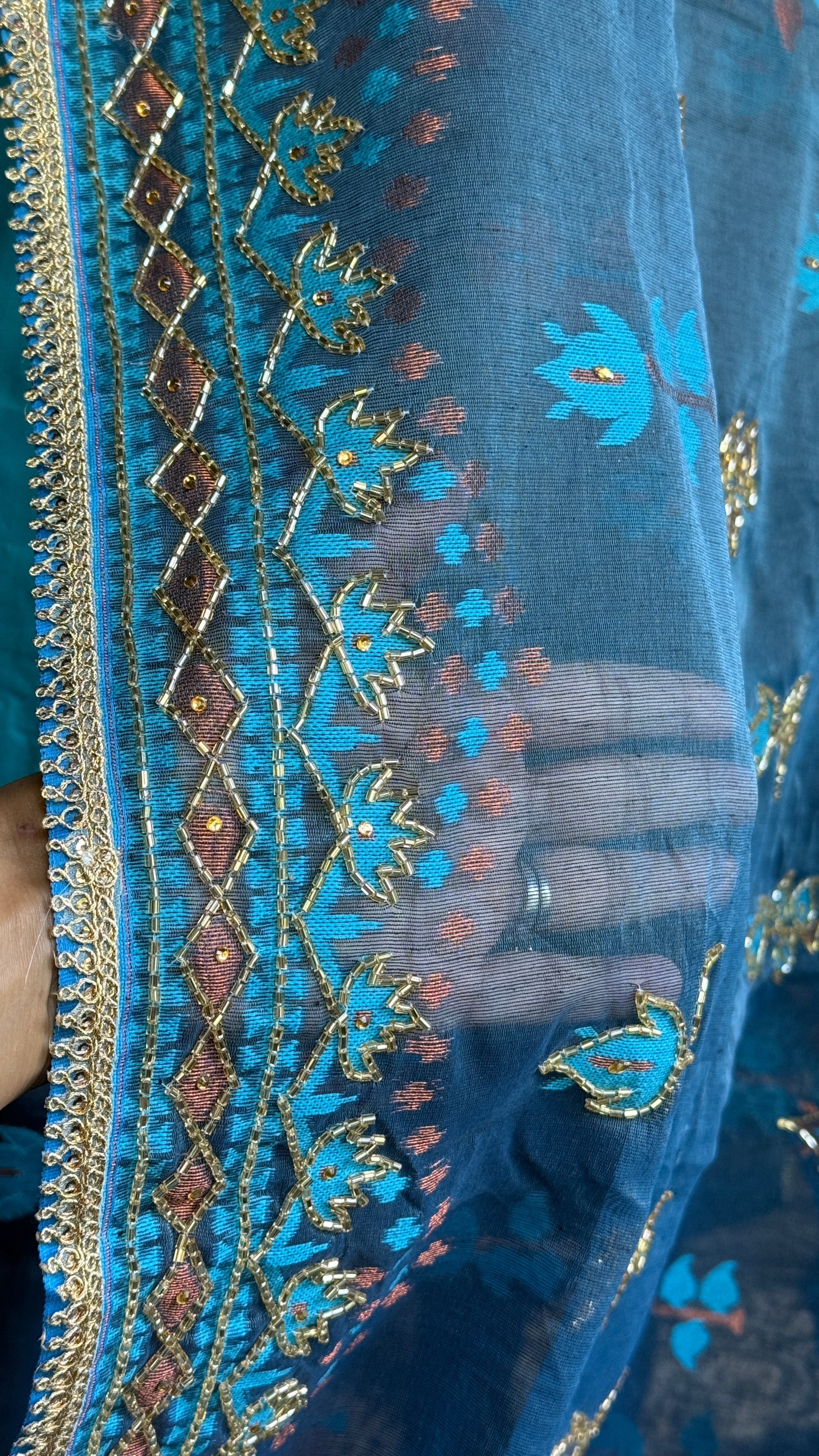 Designer Jamdaani Cutdana Embroidered - Light Firozi