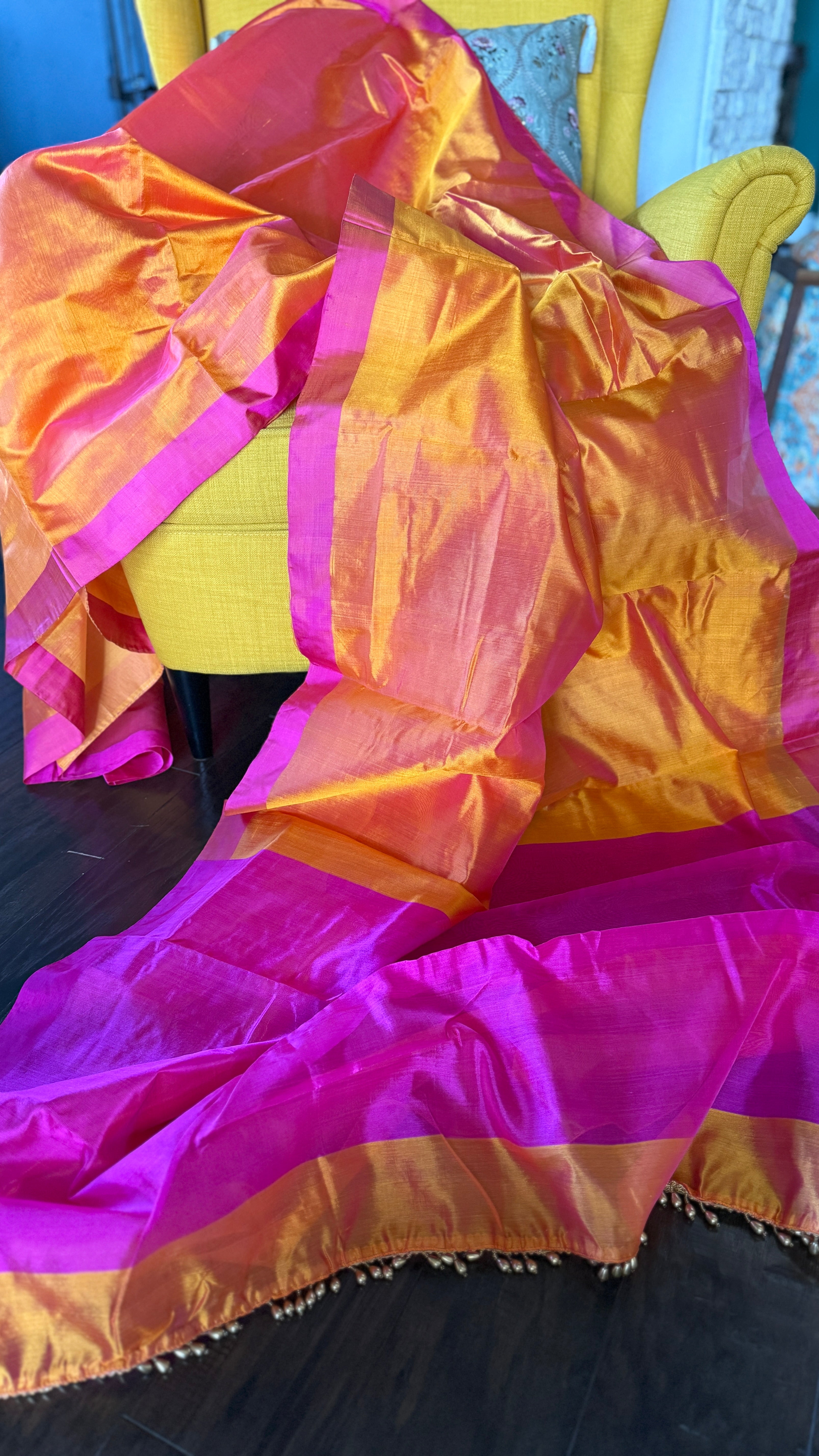 Pure Chanderi Pattu Silk - Sunrise Orange Pink