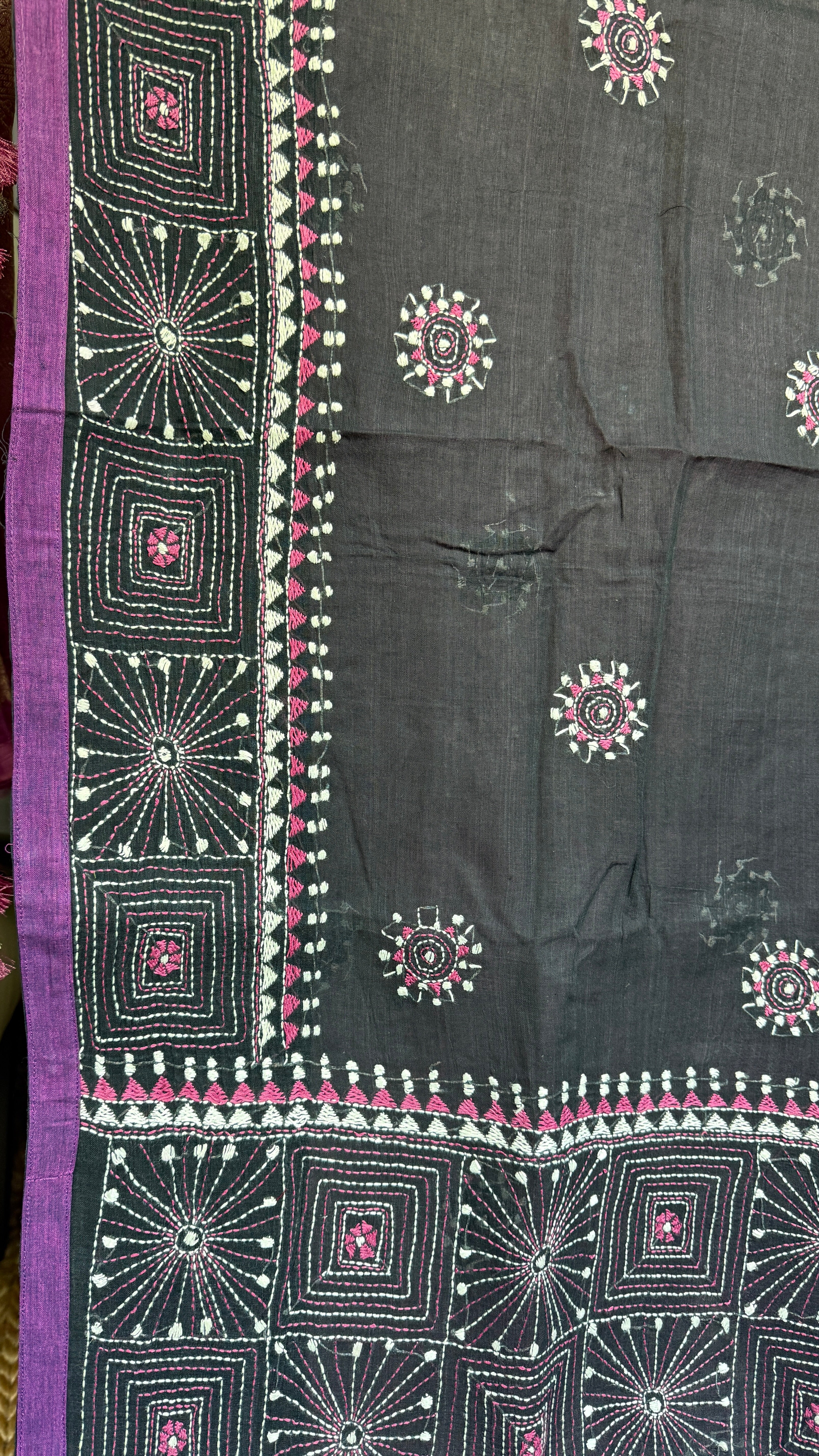 Cotton Kantha Stitch -  Mauve Purple Black Half Half