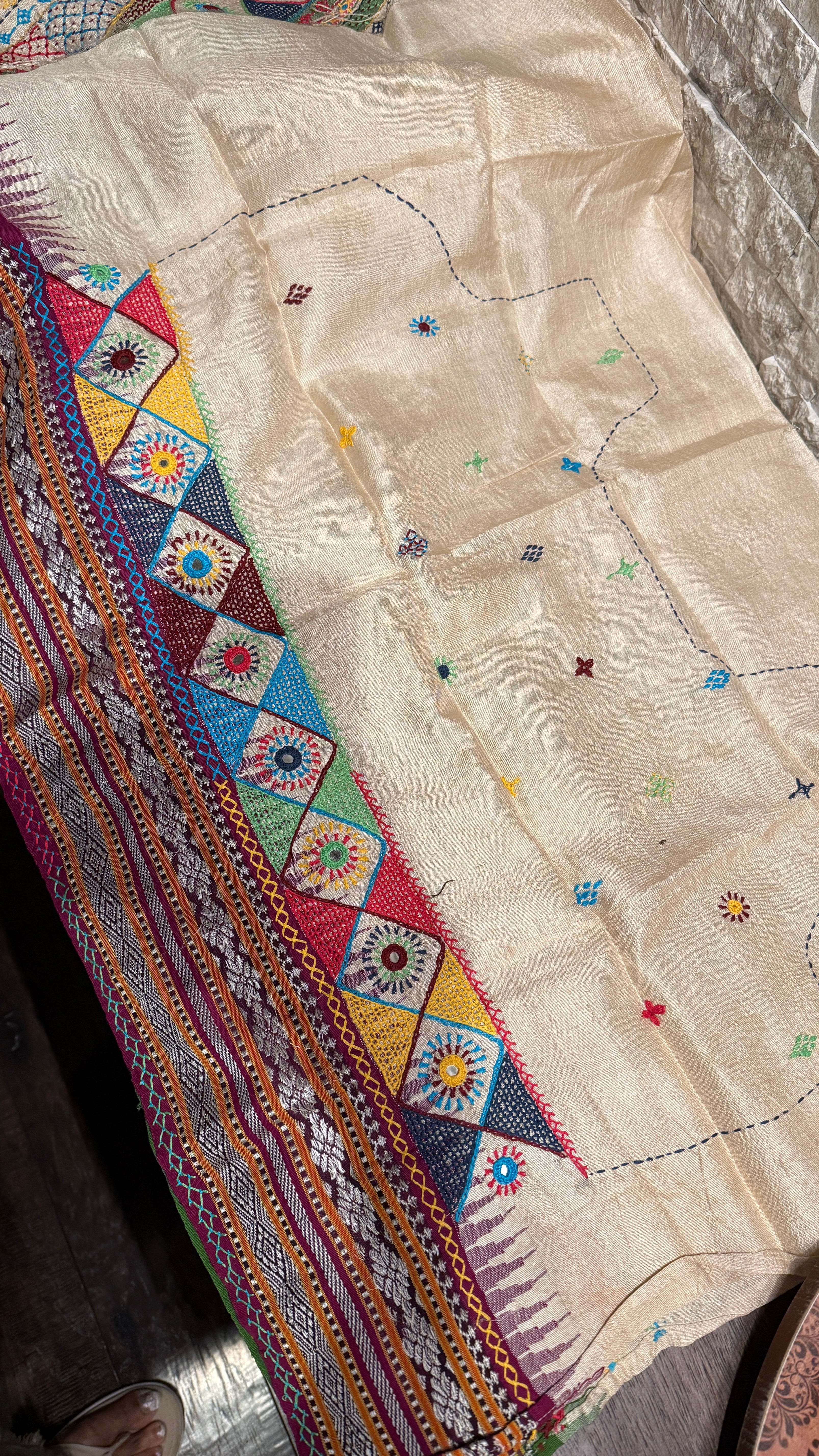 Pure Vidarbha Tussar Lambani - Beige Hand Embroidered