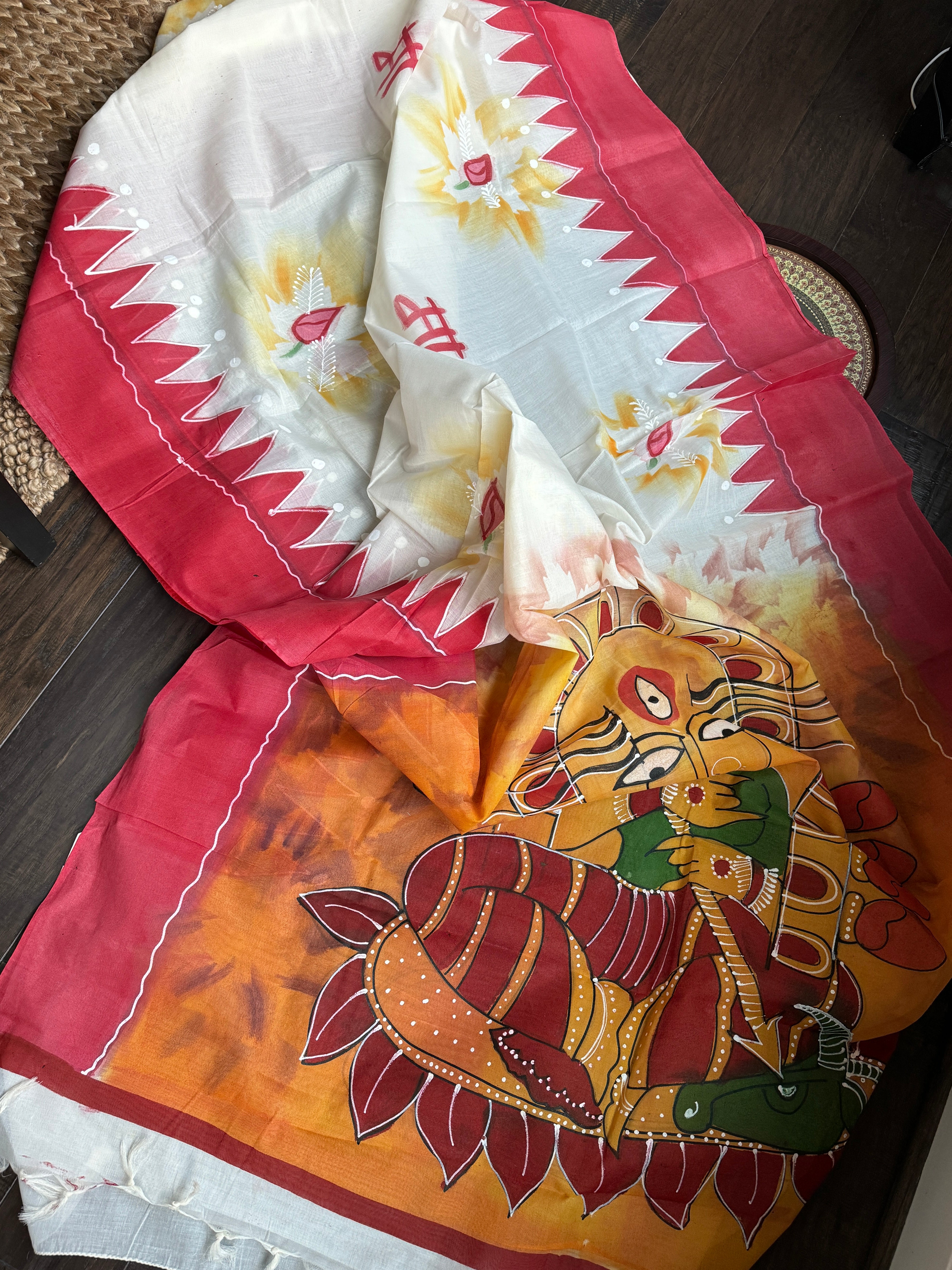 Pure Cotton - Off White Red Durga – Panache-The Desi Creations
