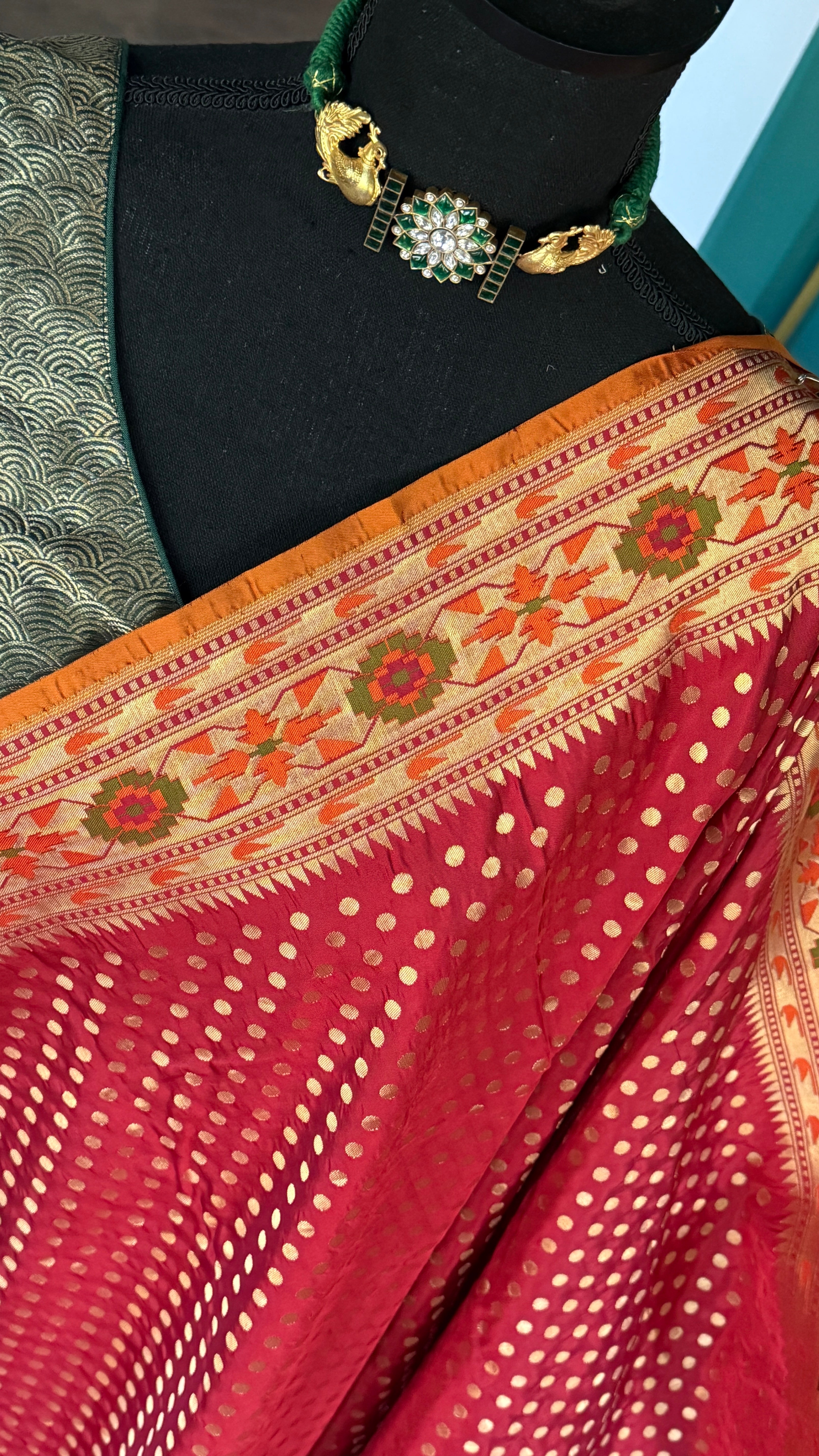 Silk Banarasi - Red Rusty Orange Paithani border