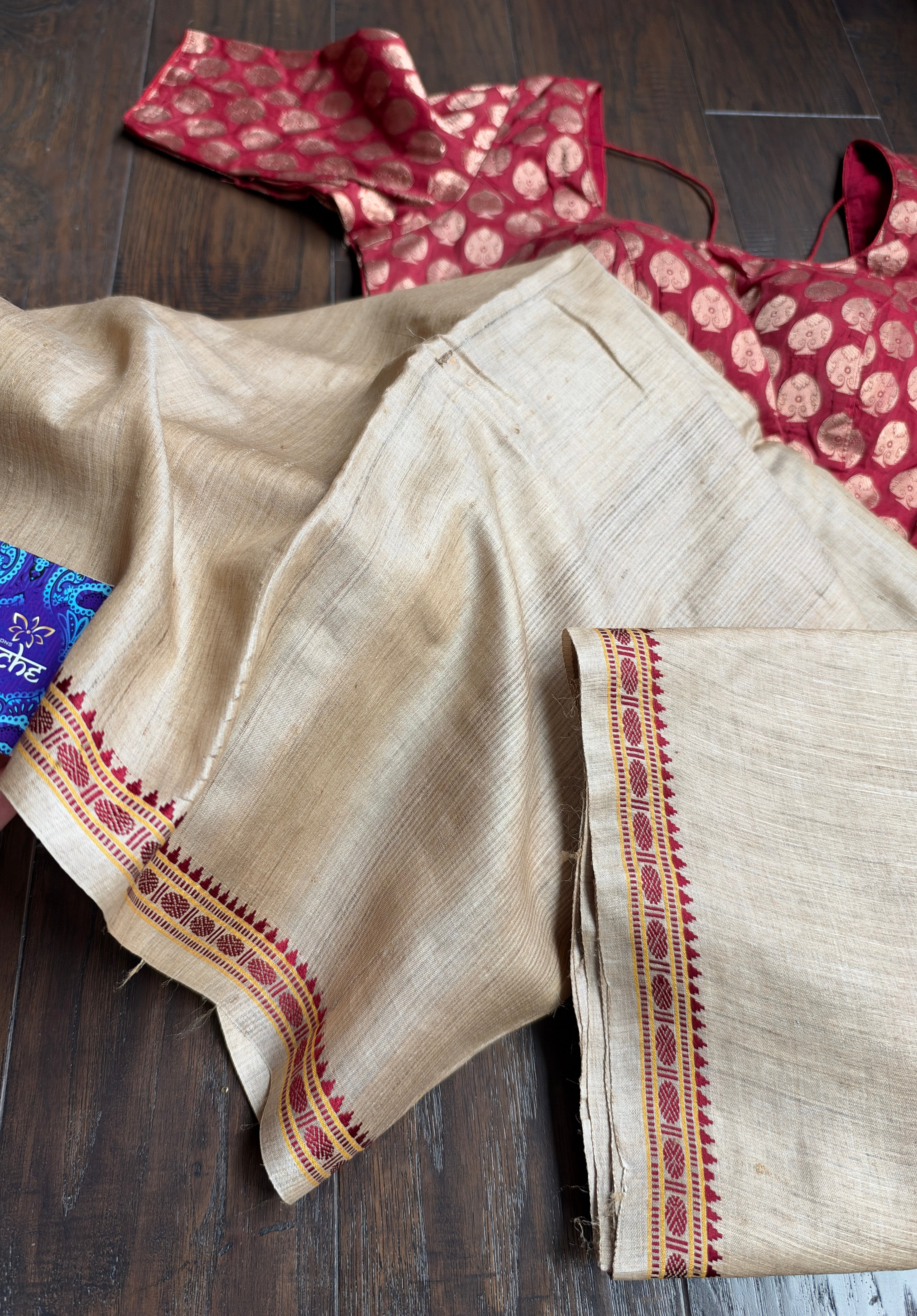 Pure Tussar Silk - Tan Beige Rudraksha Border