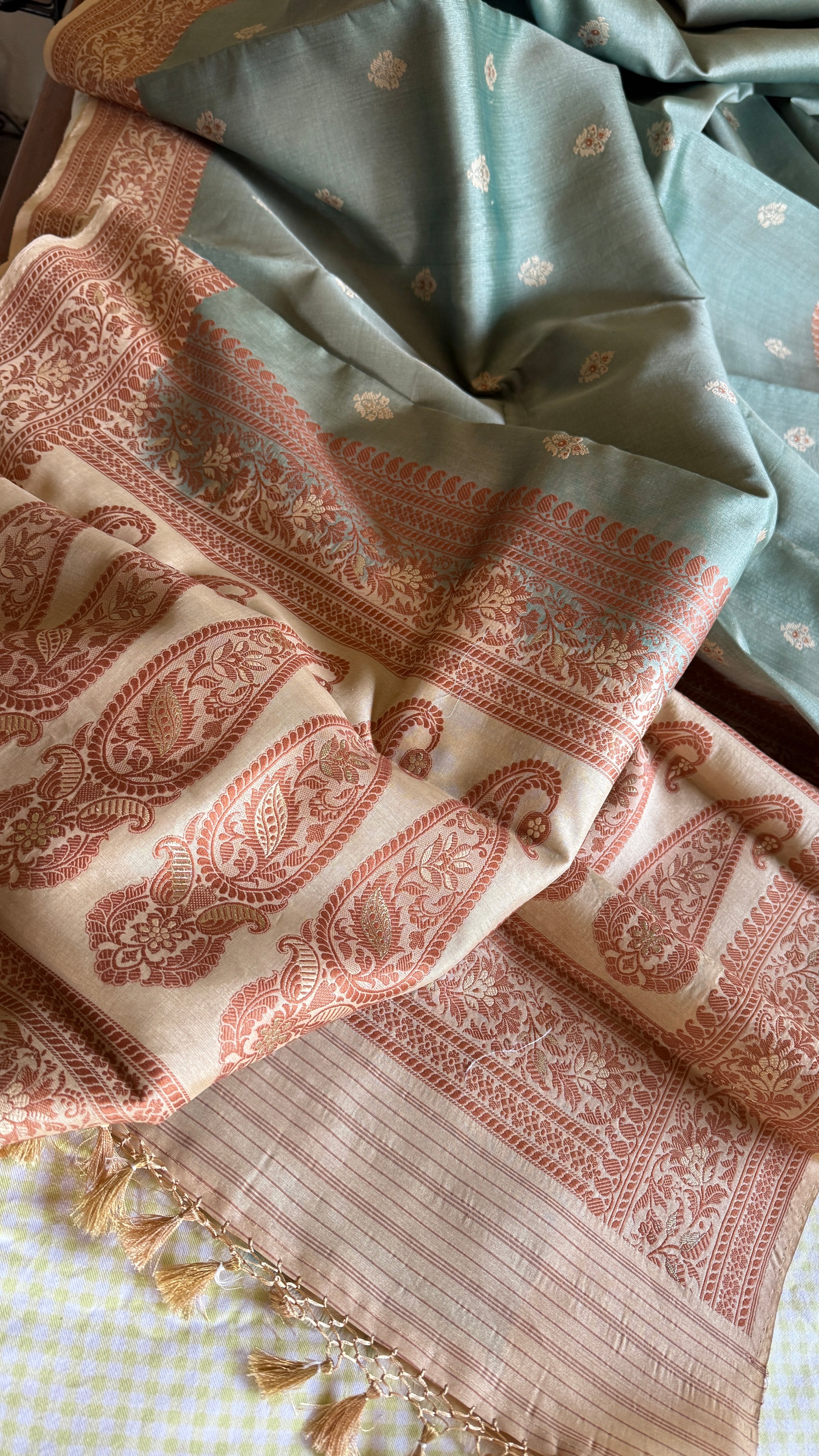 Tussar Silk Baluchari Banarasi - Light Grey Green Woven