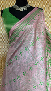 Pure Tussar Silk Kantha Stitch -  Light Pink Green