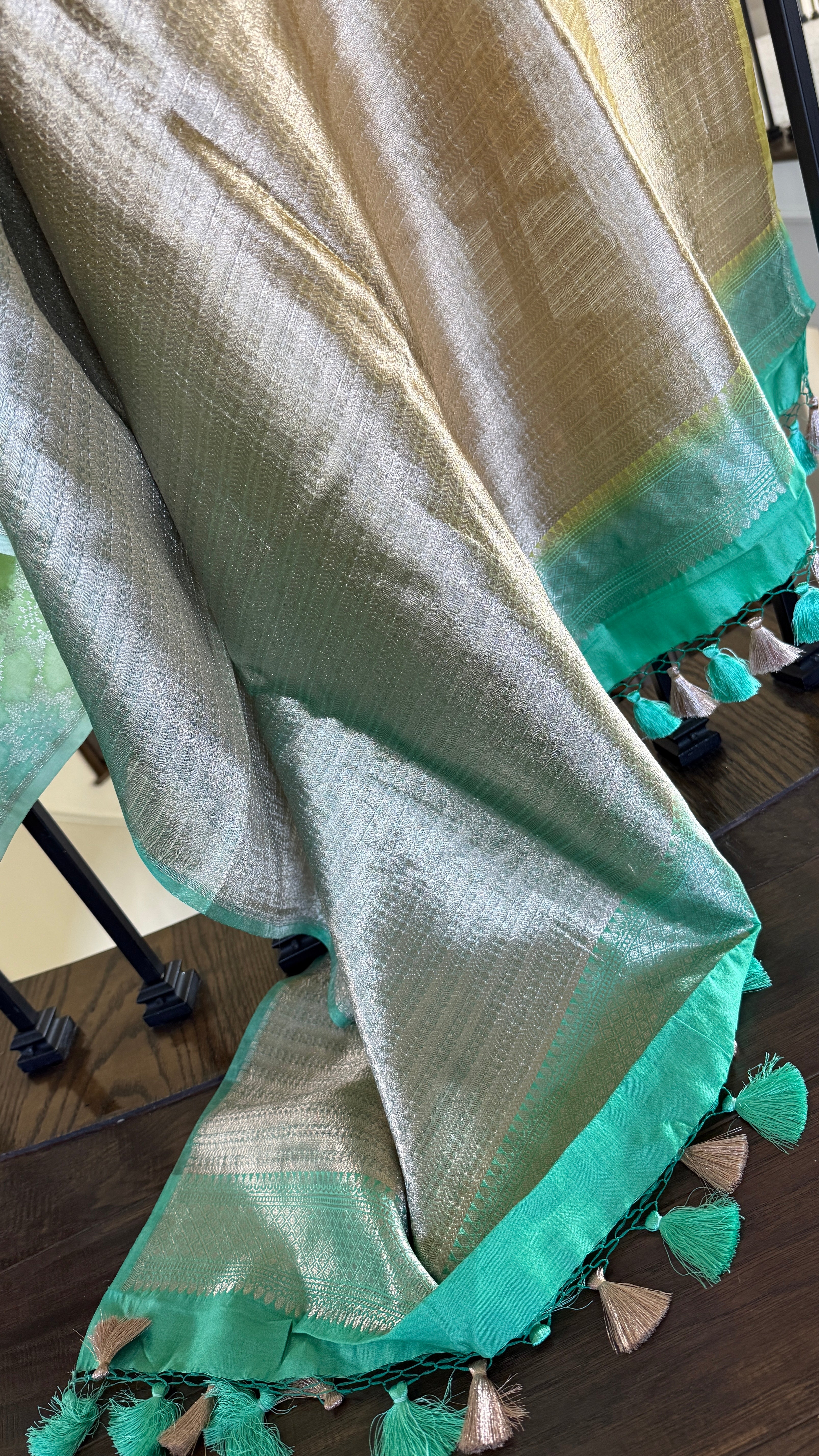 Designer Soft Silk Brocade Banarasi - Sea Green Pista Golden Tie-Dye