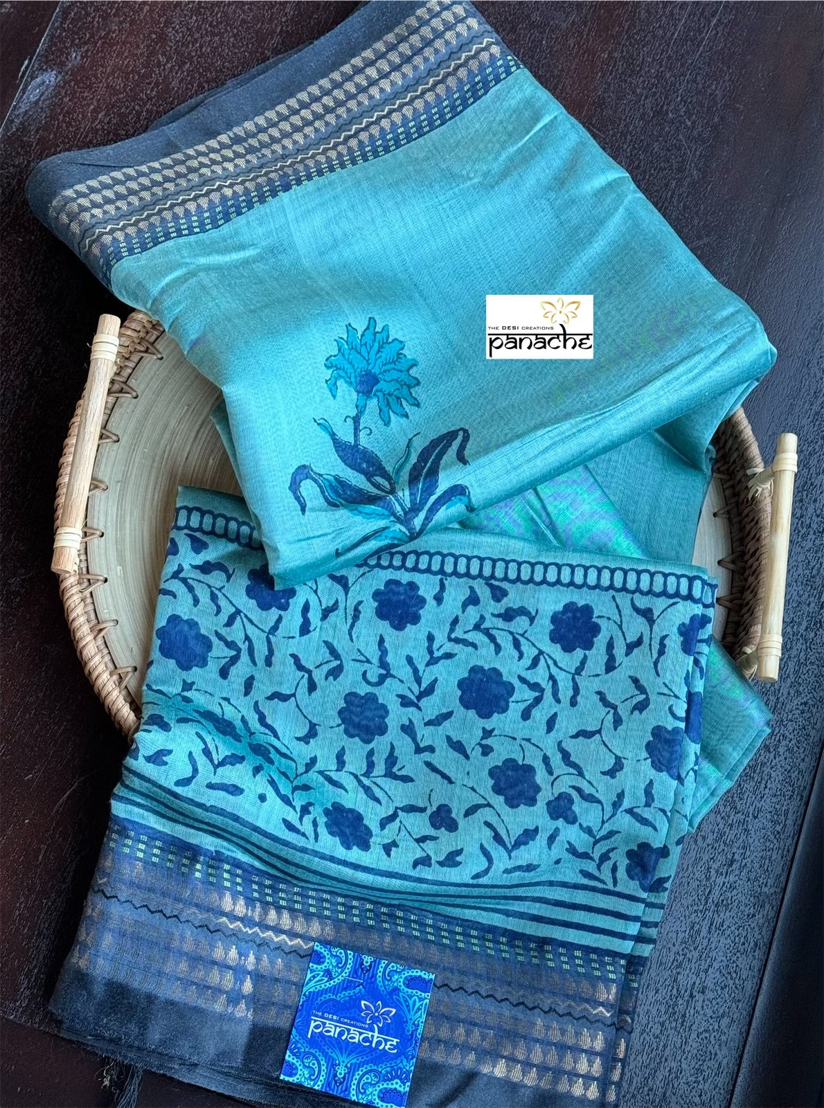 Pure Tussar Linen Silk - Firozi Blue Hand Block Printed