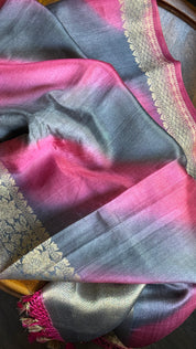 Tussar Silk Banarasi Shaded - Grey Raspberry Pink Antique Golden Zari