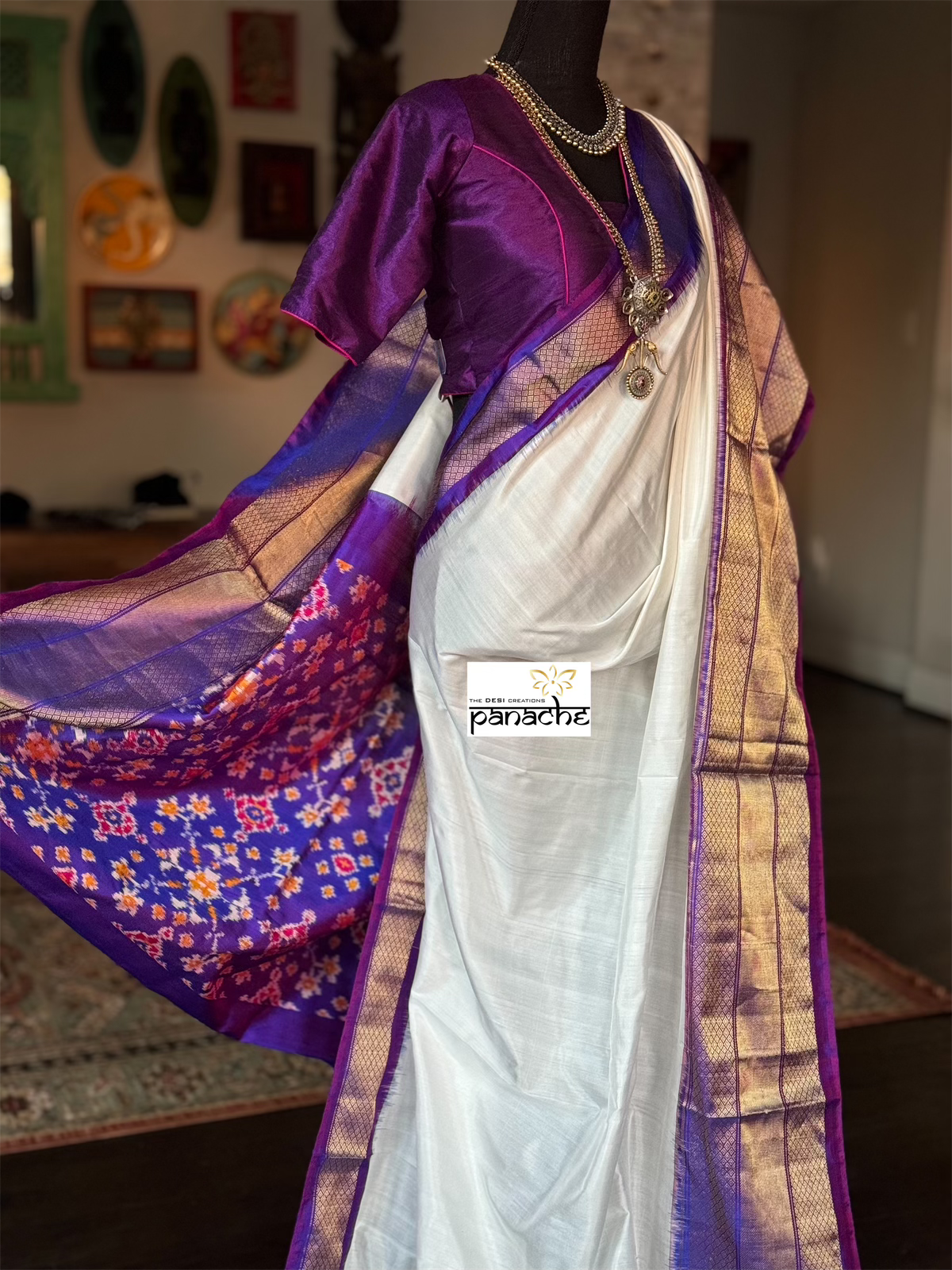 Pure Silk Ikat - White Purple Pochampally