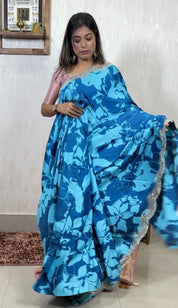 Designer Crepe Satin - Blue Firozi