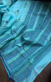 Tussar Cotton Silk Kantha Stitch -  Firozi