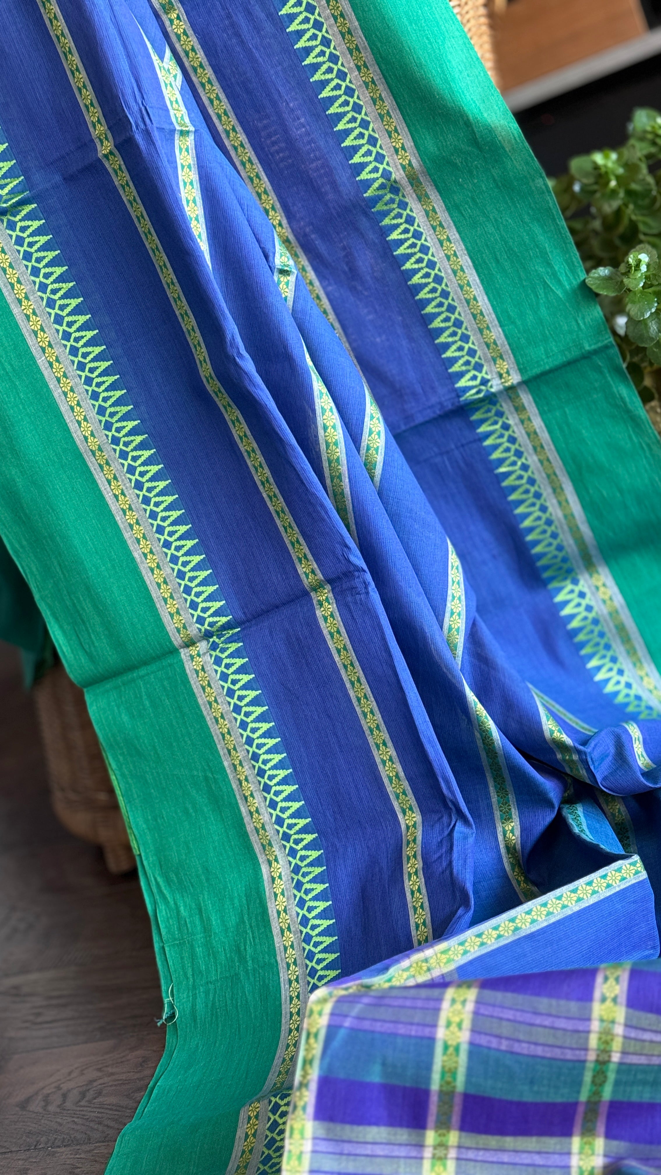 Pure Khadi Cotton Handloom - Green Purple Blue