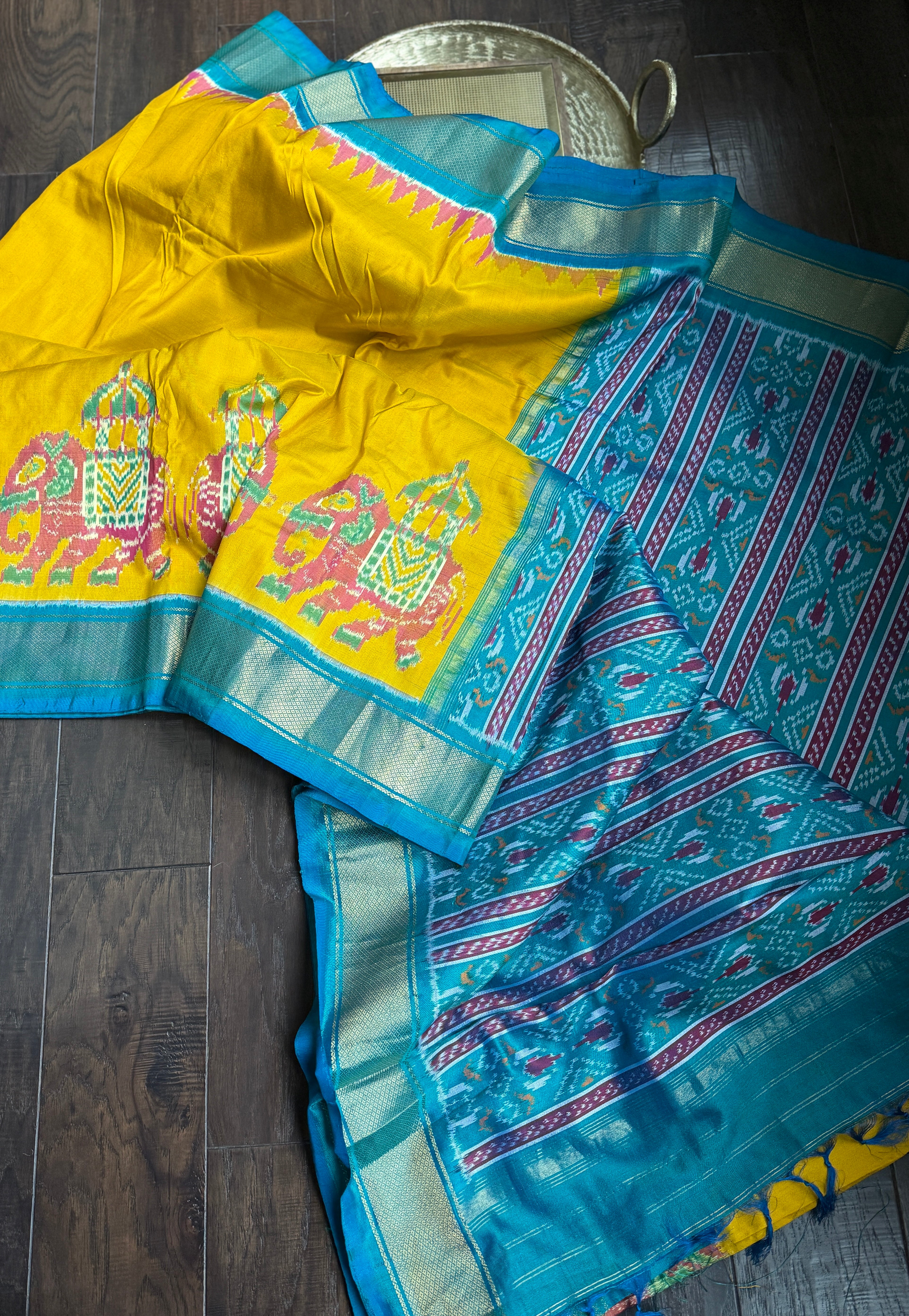 Pure Silk Ikat - Yellow Firozi Pochampally
