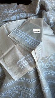 Pure Tussar Silk Kantha Stitch - Beige White