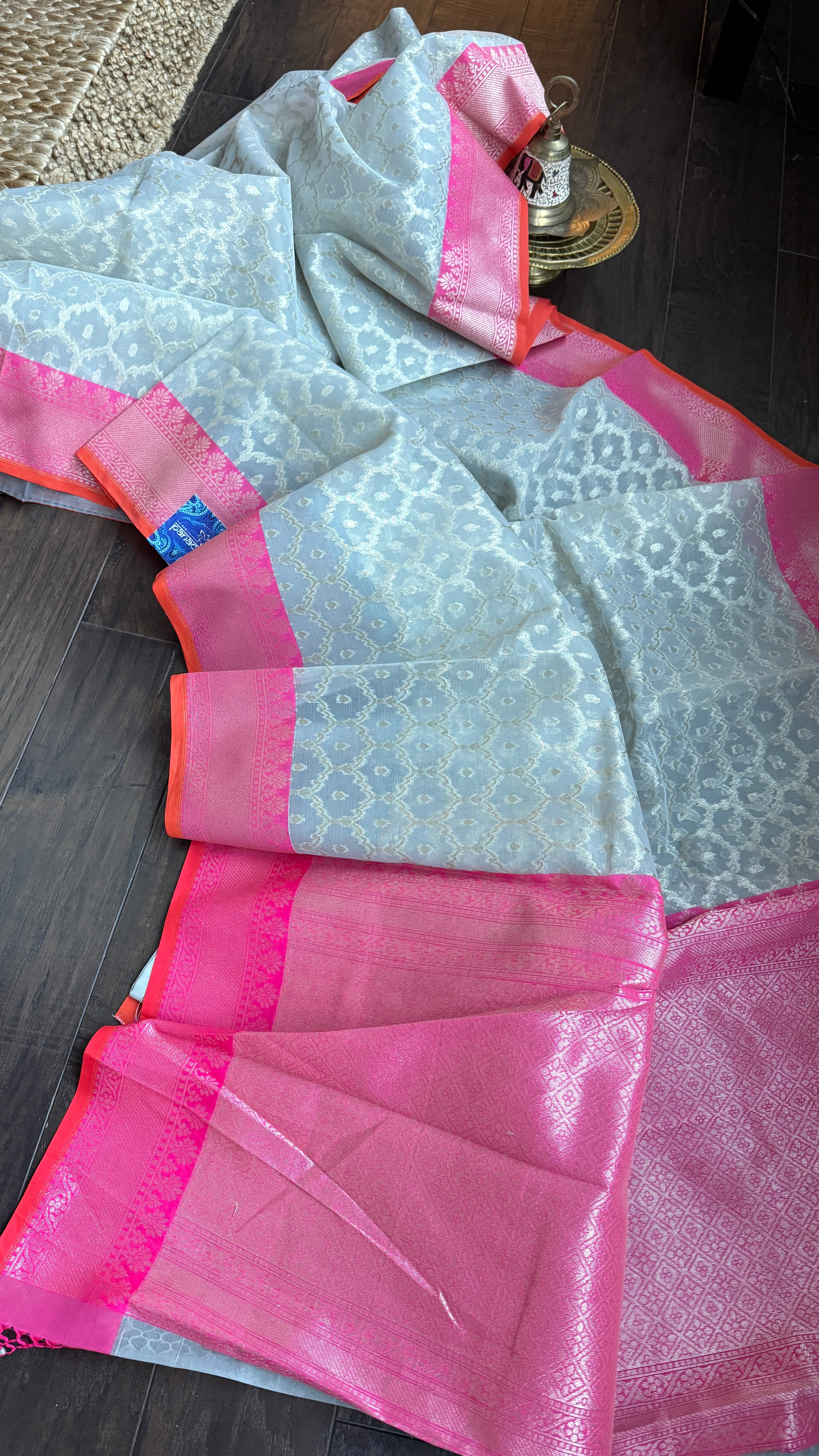 Kora Silk Banaras Chanderi - Grey Pink