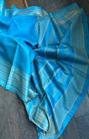 Handwoven Tussar Silk - Firozi Blue Golden Zari