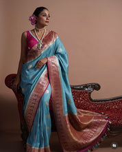 Khaddi Tussar Georgette Banarasi - Light Blue Pink Kadhua