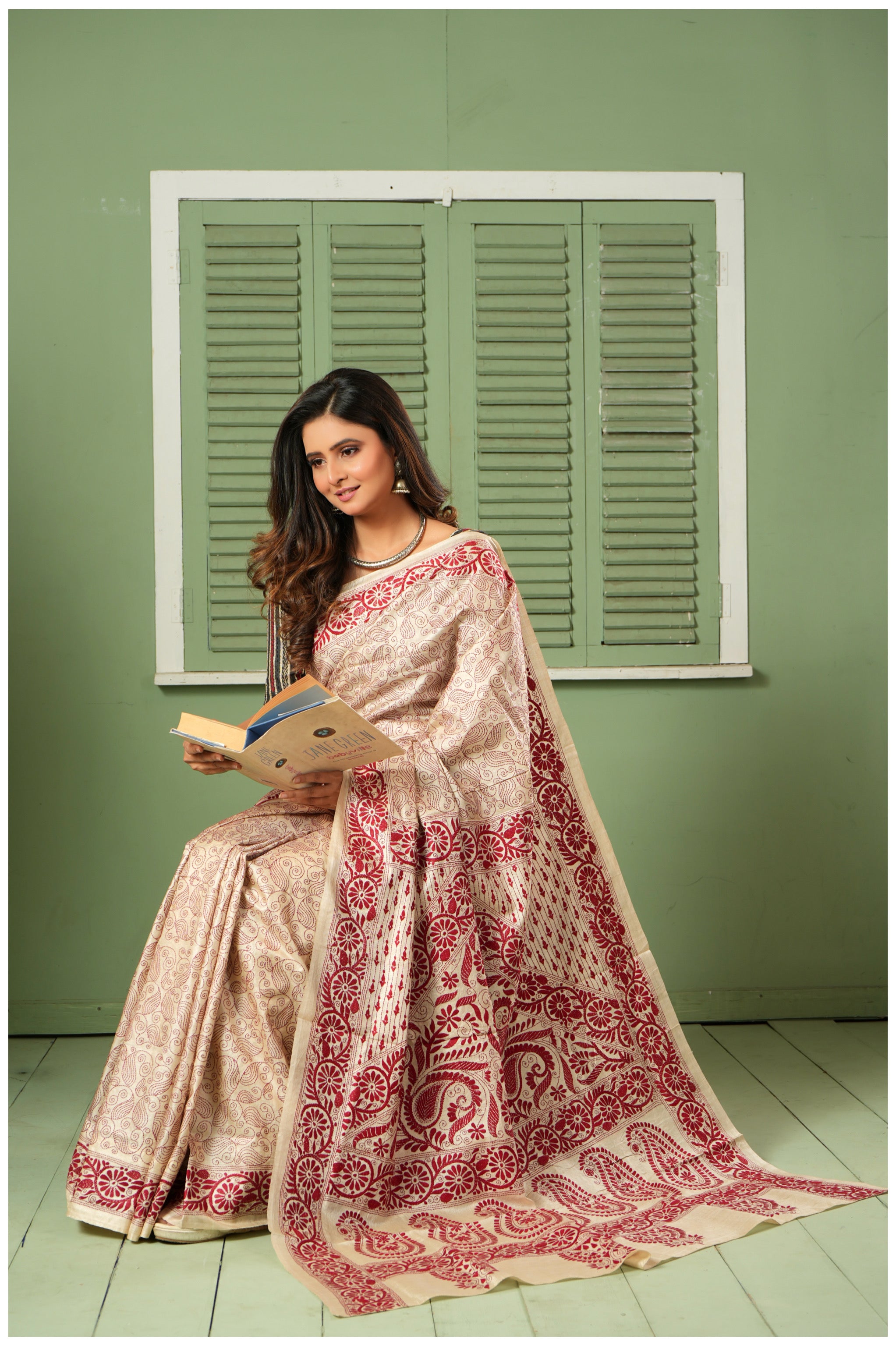 Pure Tussar Silk Kantha Stitch -  Beige Maroon