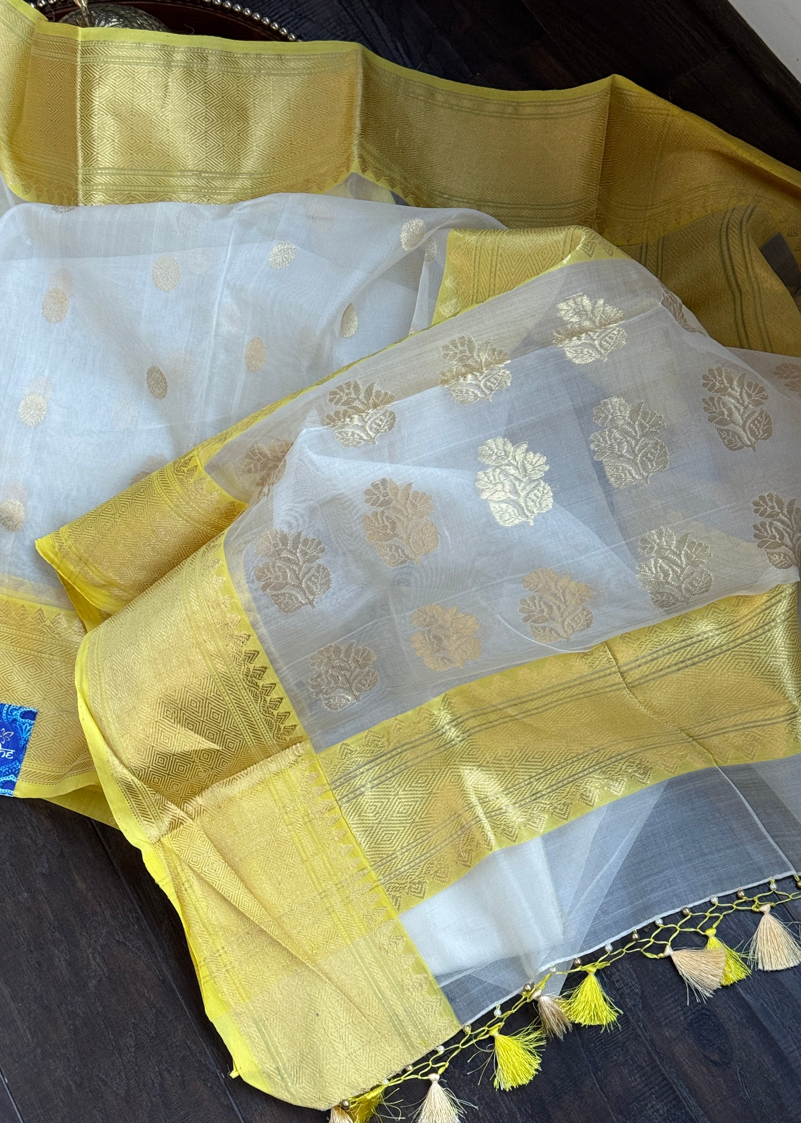 Pure Chanderi Organza Silk - Off White Yellow Iknaliya