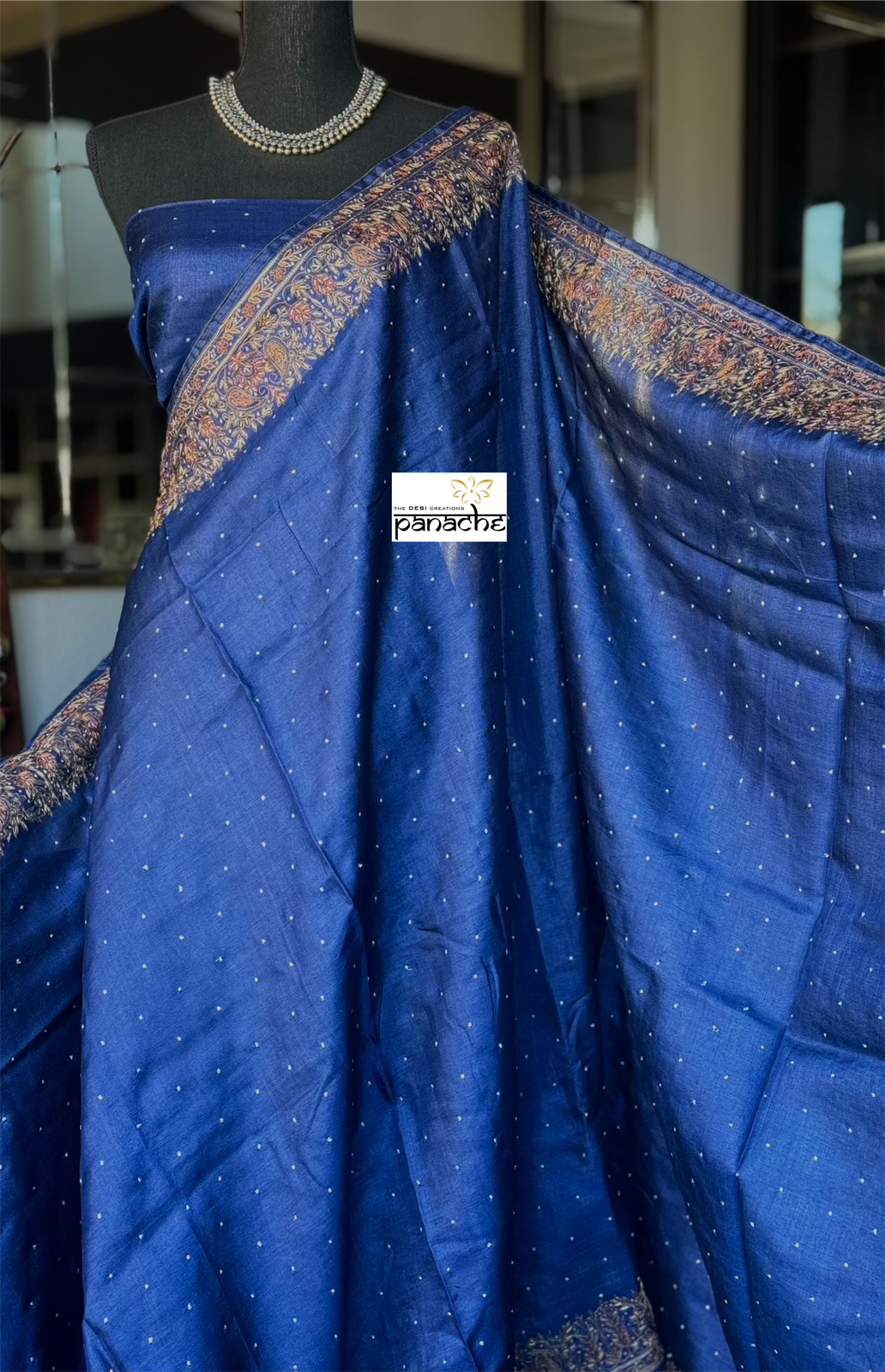 Designer Tussar Silk - Blue Sozni Hand Embroidered