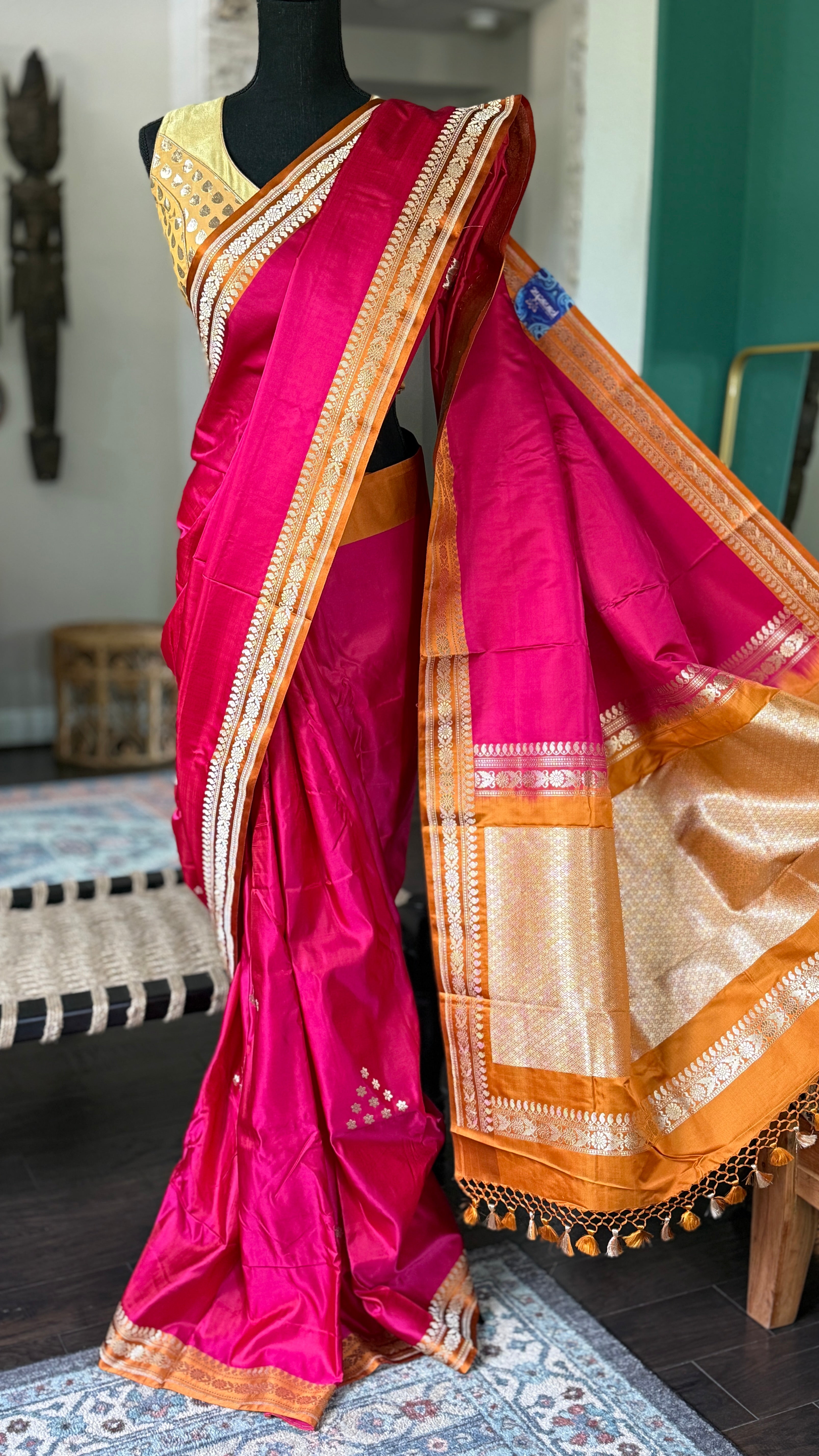Pure Silk Mashru Banarasi- Rani Pink Ochre Orange