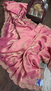 Designer Georgette Organza - Pink Dual Shaded Scalloped Border