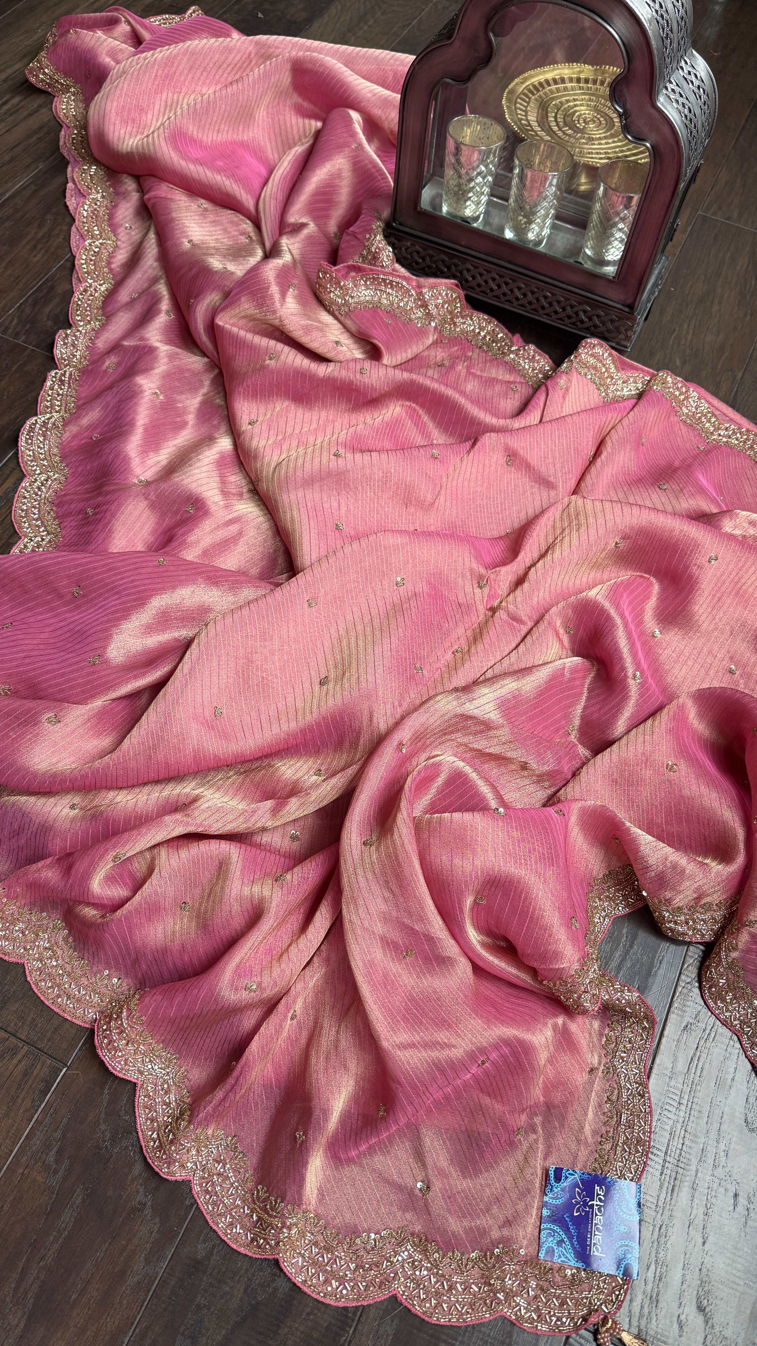 Designer Georgette Organza - Pink Dual Shaded Scalloped Border