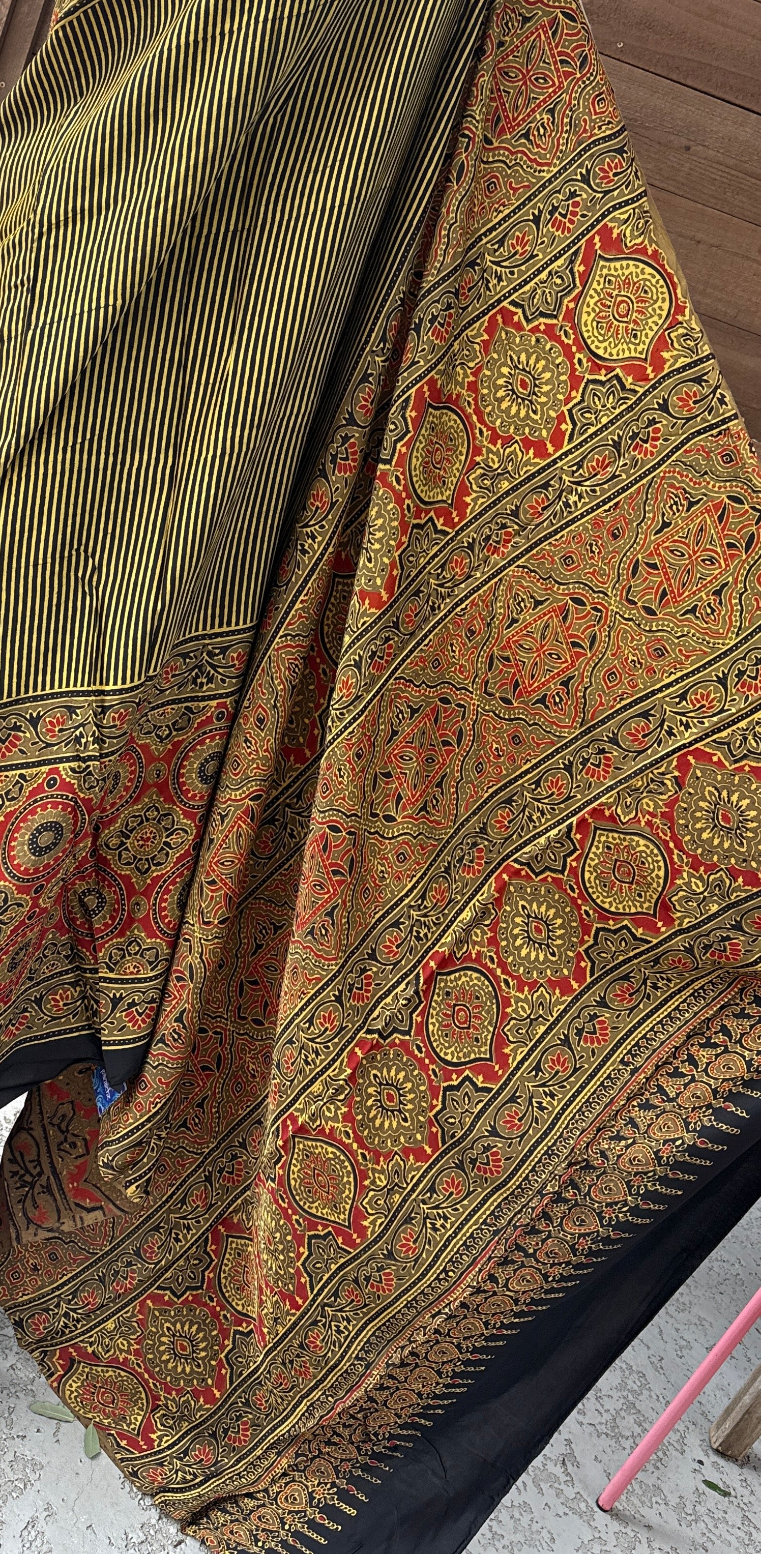 Modal Silk Ajrakh - Greenish Yellow Black Striped