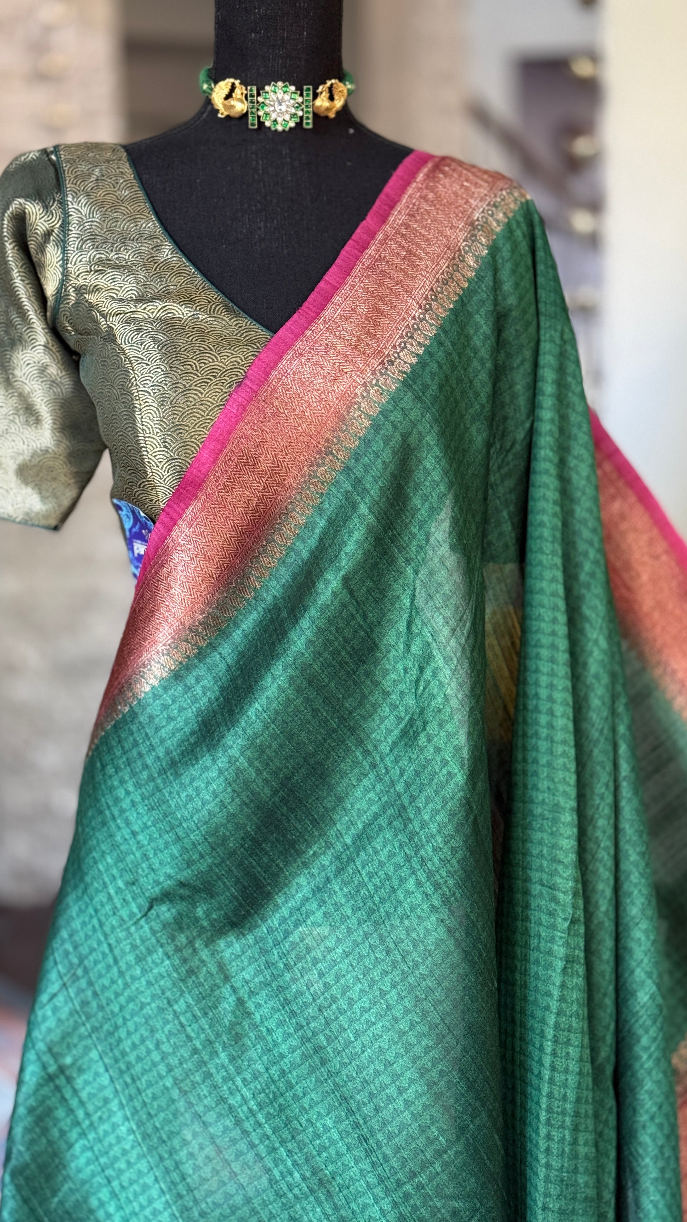 Pure Tussar Silk Banarasi - Green Pink