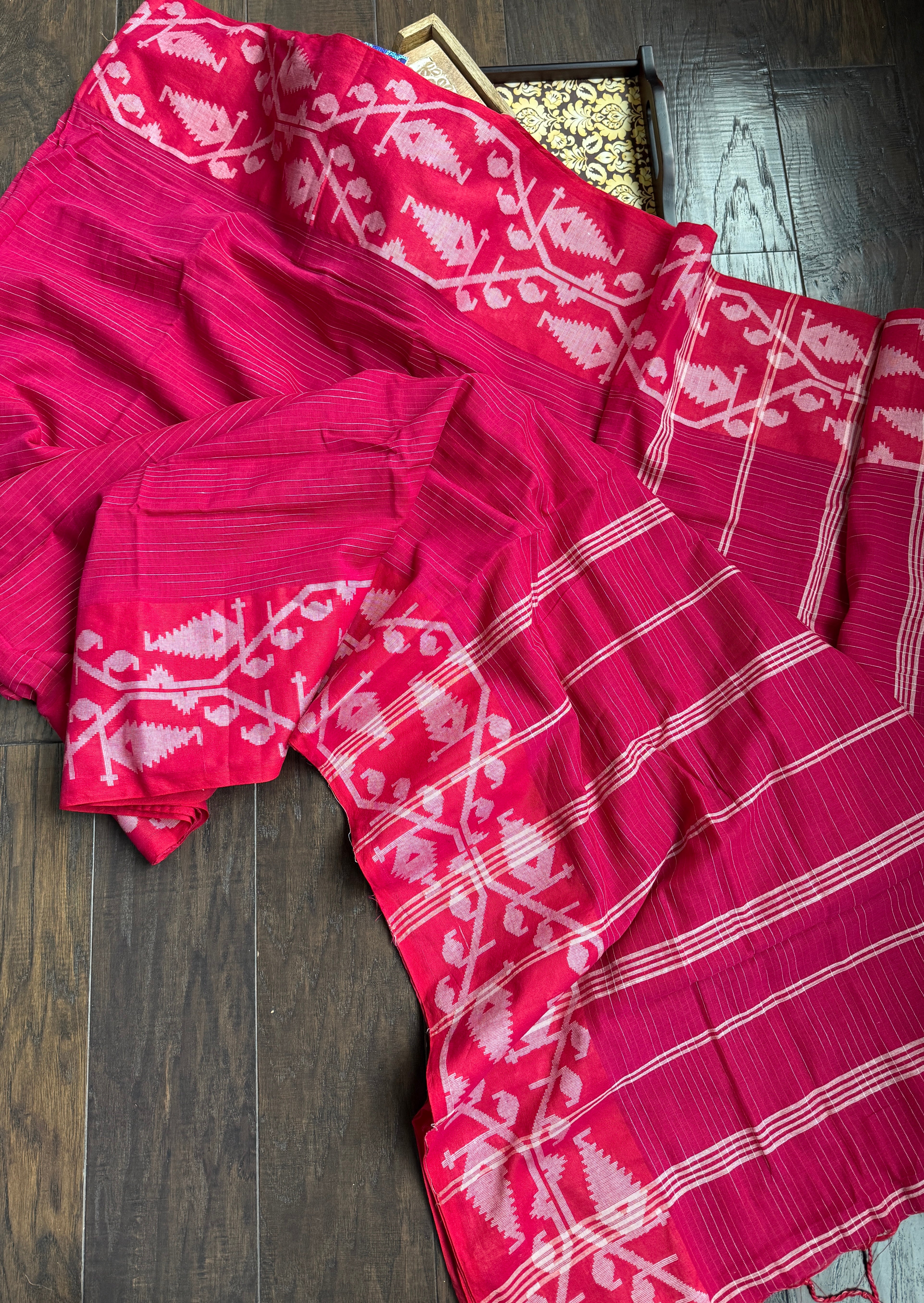 Khadi Cotton Jamdaani Soft - Raspberry Pink Red White Textured Woven