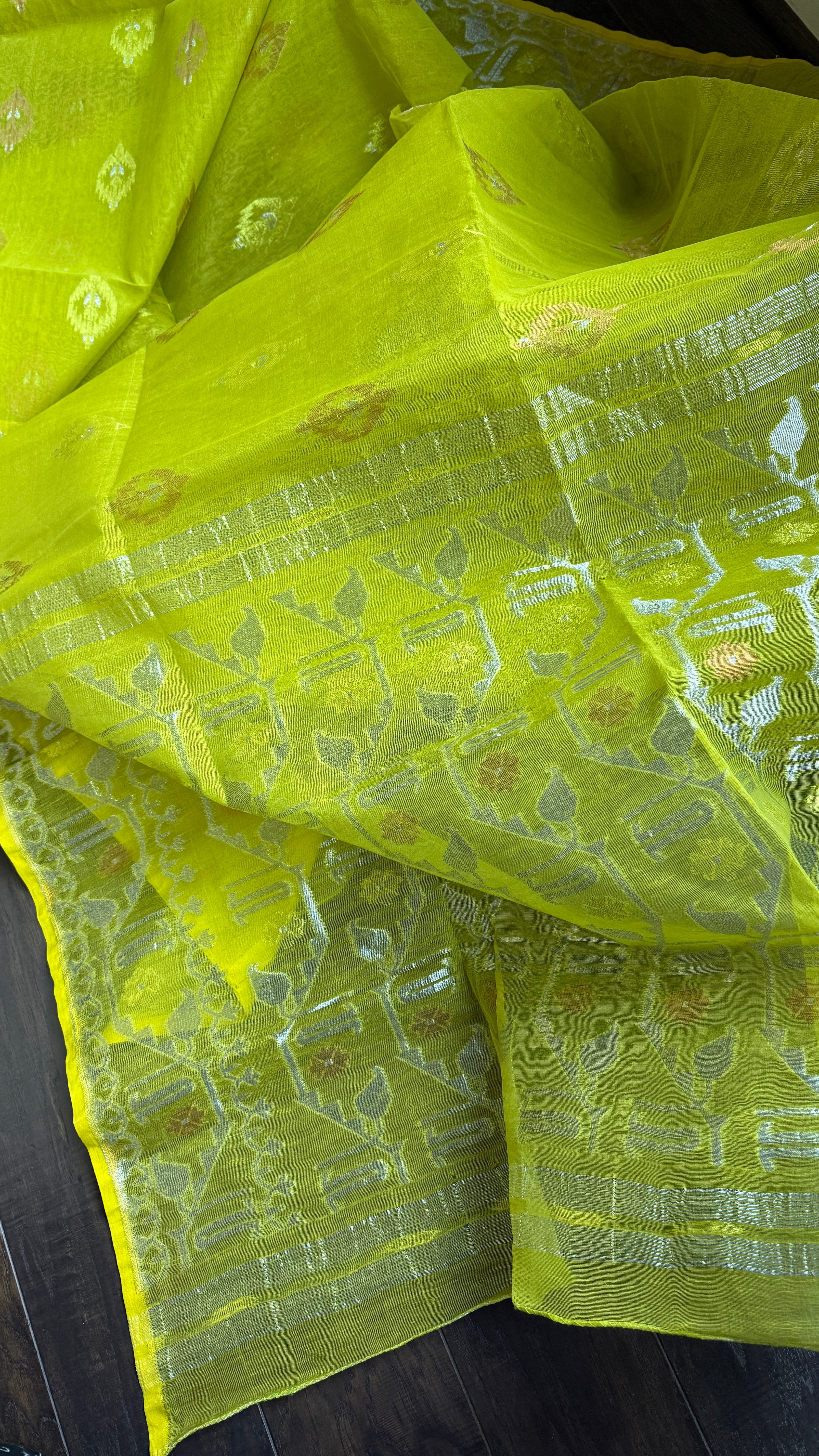 Dhakai Jamdani  - Lime Green Silver Zari  Woven