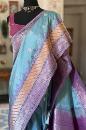 Pure Silk Katan Banarasi- Light Blue Kadhua Antique Silver Zari