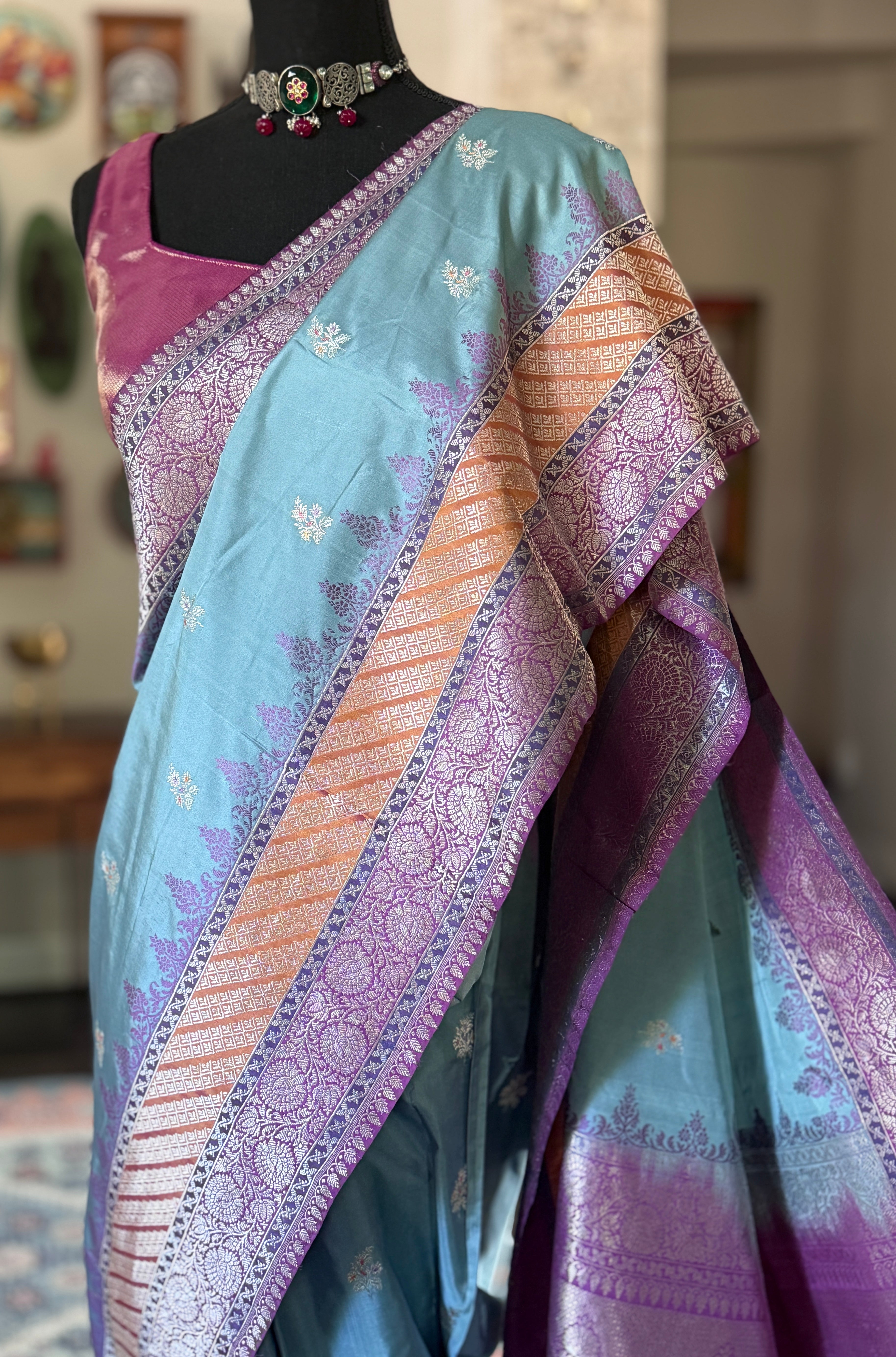 Pure Silk Katan Banarasi- Light Blue Kadhua Antique Silver Zari