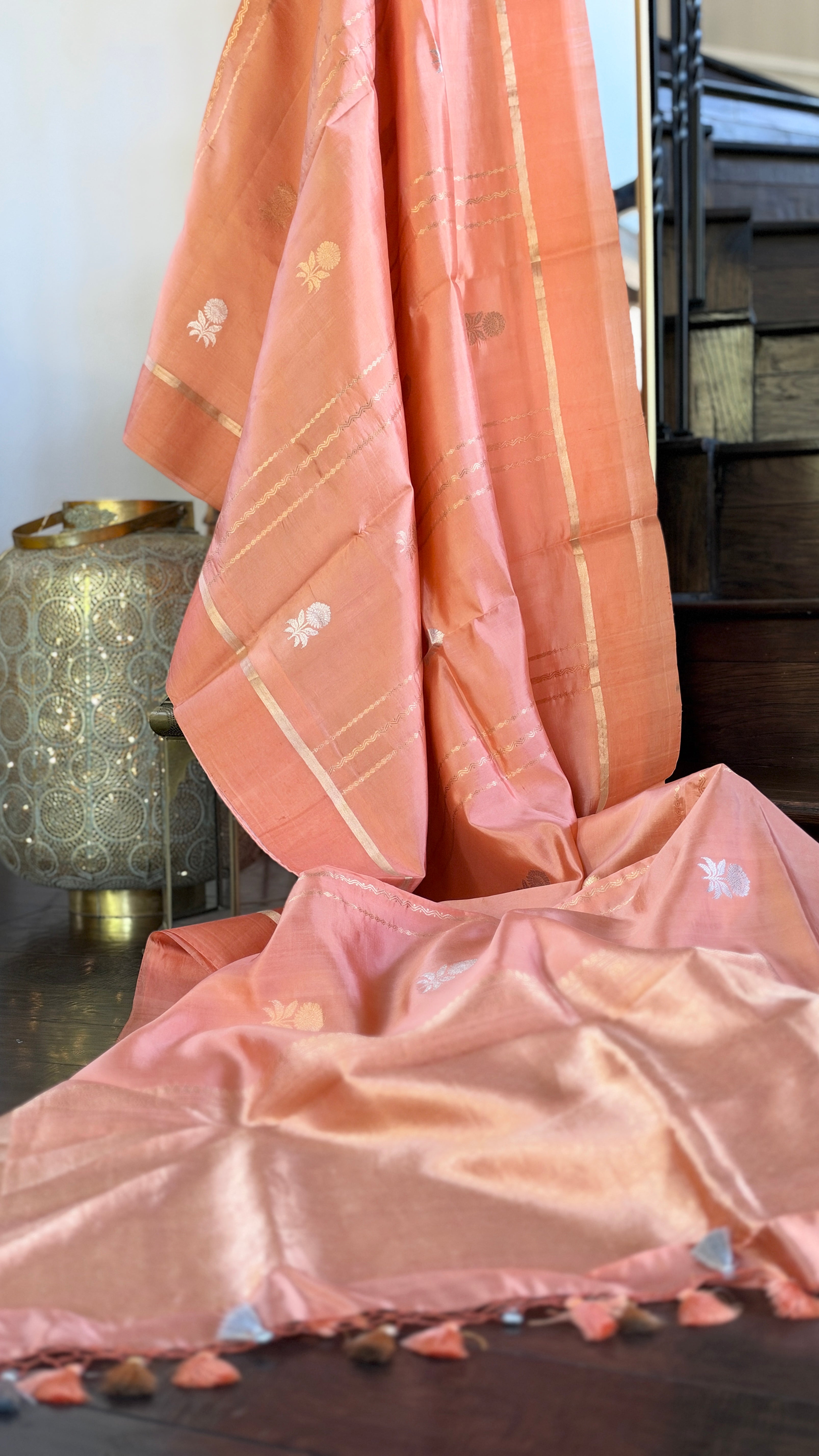 Pure Silk Banarasi Khadhua - Peach Golden Zari